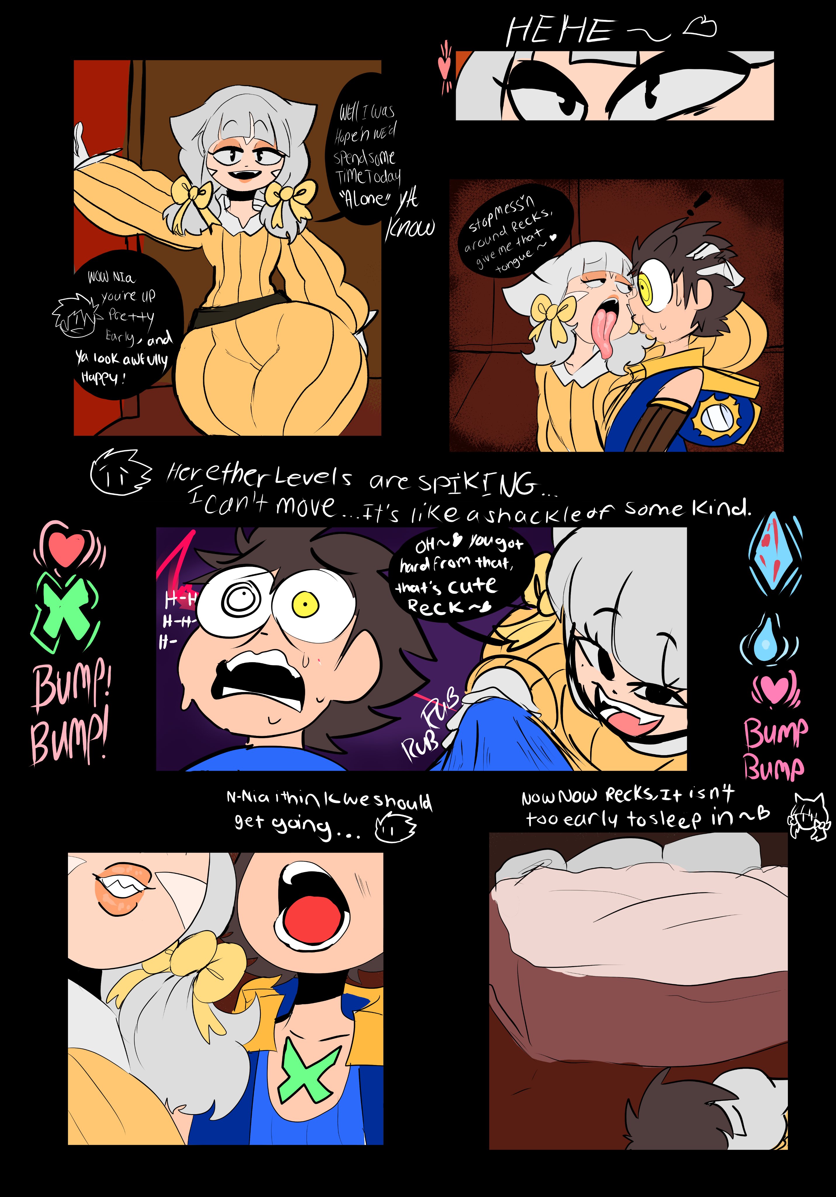 1boy, 1girls, bed, bedroom, clothing, comic, crotch grab, dialogue, female, horny, horny female, lemonadepikachu, male, nervous, nervous sweat, nia, nia (xenoblade), rex (xenoblade), sweat, text, thick thighs, tongue, tongue out, wide hips, xenoblade (series), xenoblade chronicles 2