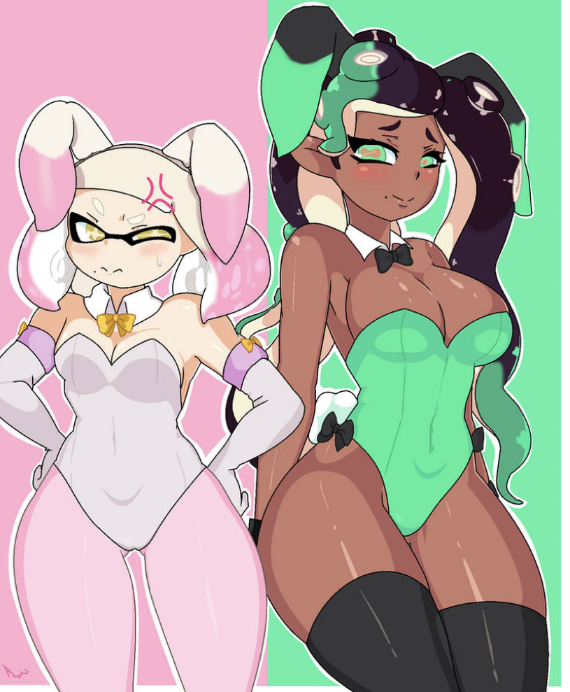 2girls annoyed annoyed_expression black_hair blush bow bow_tie bowtie breasts bunny bunny_costume bunny_ear bunny_ears bunny_girl bunny_tail bunnygirl bunnysuit cleavage dark-skinned_female dark_skin eyebrows eyebrows_raised green green_background green_eyes green_hair hands_on_hips iniklingloe inkling inkling_girl inklingloe leggings legs legwear light_skin looking_at_viewer marina_(splatoon) mint_eyes mint_hair multicolored_background multicolored_hair multiple_girls nintendo octoling octoling_girl off_the_hook_(splatoon) pearl_(splatoon) pink pink_background pink_hair pointy_ears rabbit_ear rabbit_ears rabbit_girl rabbit_tail side_to_side splatoon splatoon_2 squid stockings tentacle tentacle_hair thick_thighs thigh_gap thigh_highs thighhighs thighs white_gloves white_hair yellow_eyes