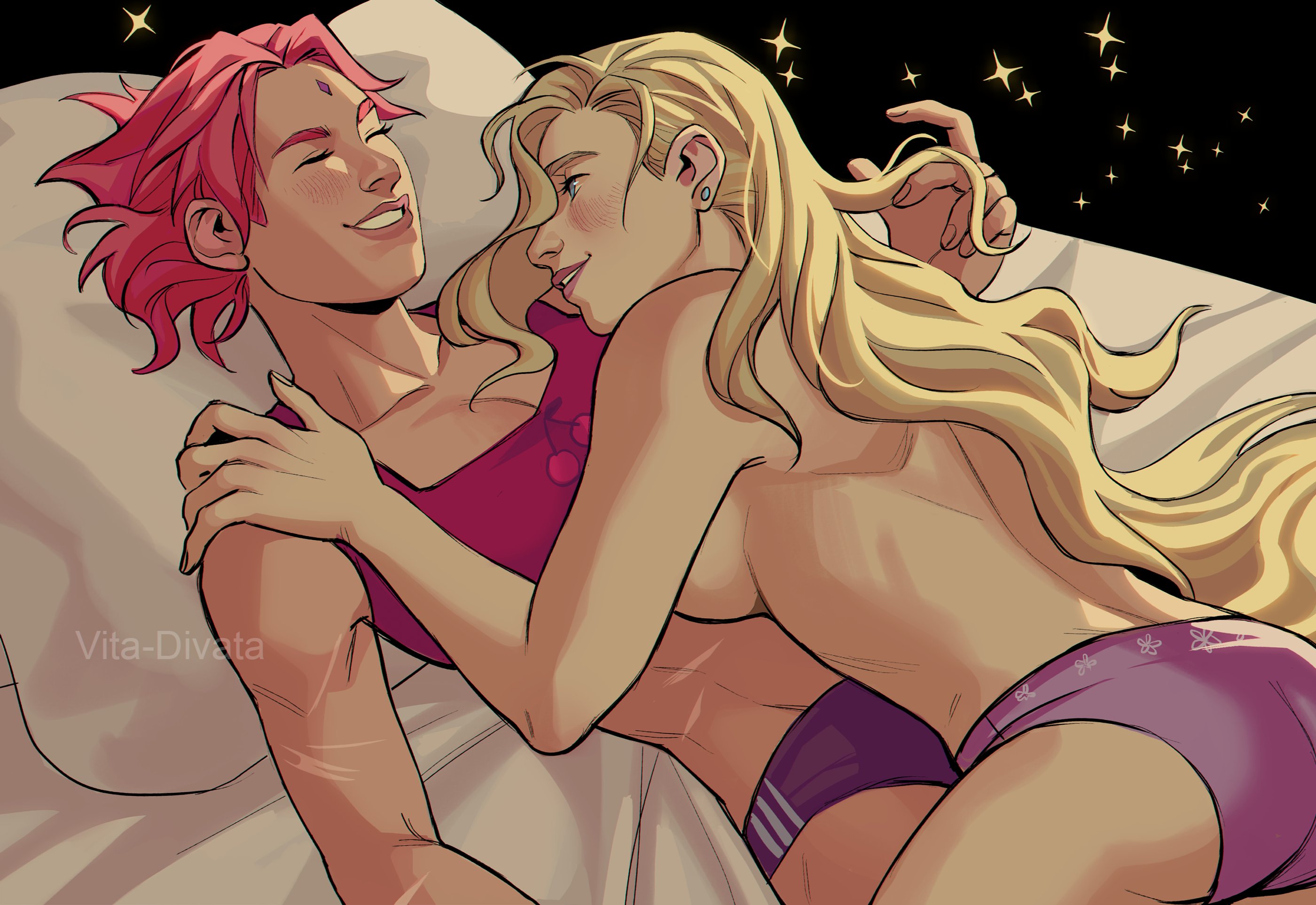 2girls, bed, blonde hair, blush, breasts, couple, cuddling, curvy, female, female only, forehead mark, halter top, ino yamanaka, lips, long hair, lying on bed, lying on person, muscular, muscular female, naruto, naruto (series), on back, panties, pink hair, romantic, sakura haruno, short hair, shounen jump, sideboob, toned, toned female, topless, topless female, underwear, vita-divata, wholesome, yuri