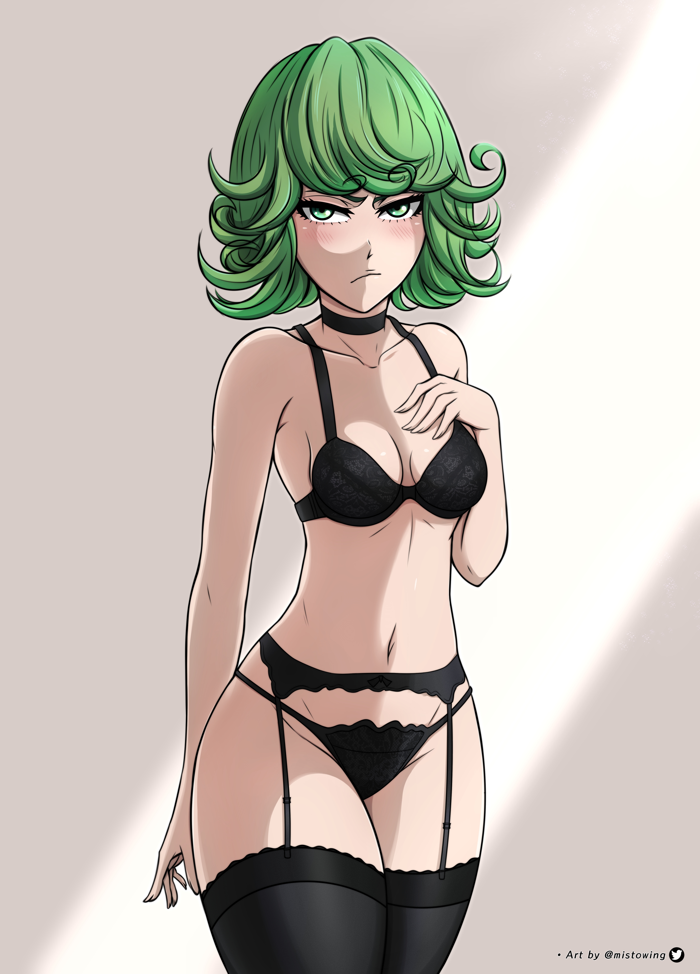 1girls, 2d, 2d (artwork), annoyed, annoyed expression, annoyed face, blush, bra, breasts, choker, collar, embarrassed, female, female only, frown, garter belt, garter straps, green eyes, green hair, legwear, light skin, light-skinned female, lingerie, mistowing, narrow shoulders, one-punch man, pale skin, pale-skinned female, panties, pear shaped, reluctant, short hair, small breasts, solo, solo female, stockings, tatsumaki, thighs, thin arms, thin waist, tights, underwear, wide hips