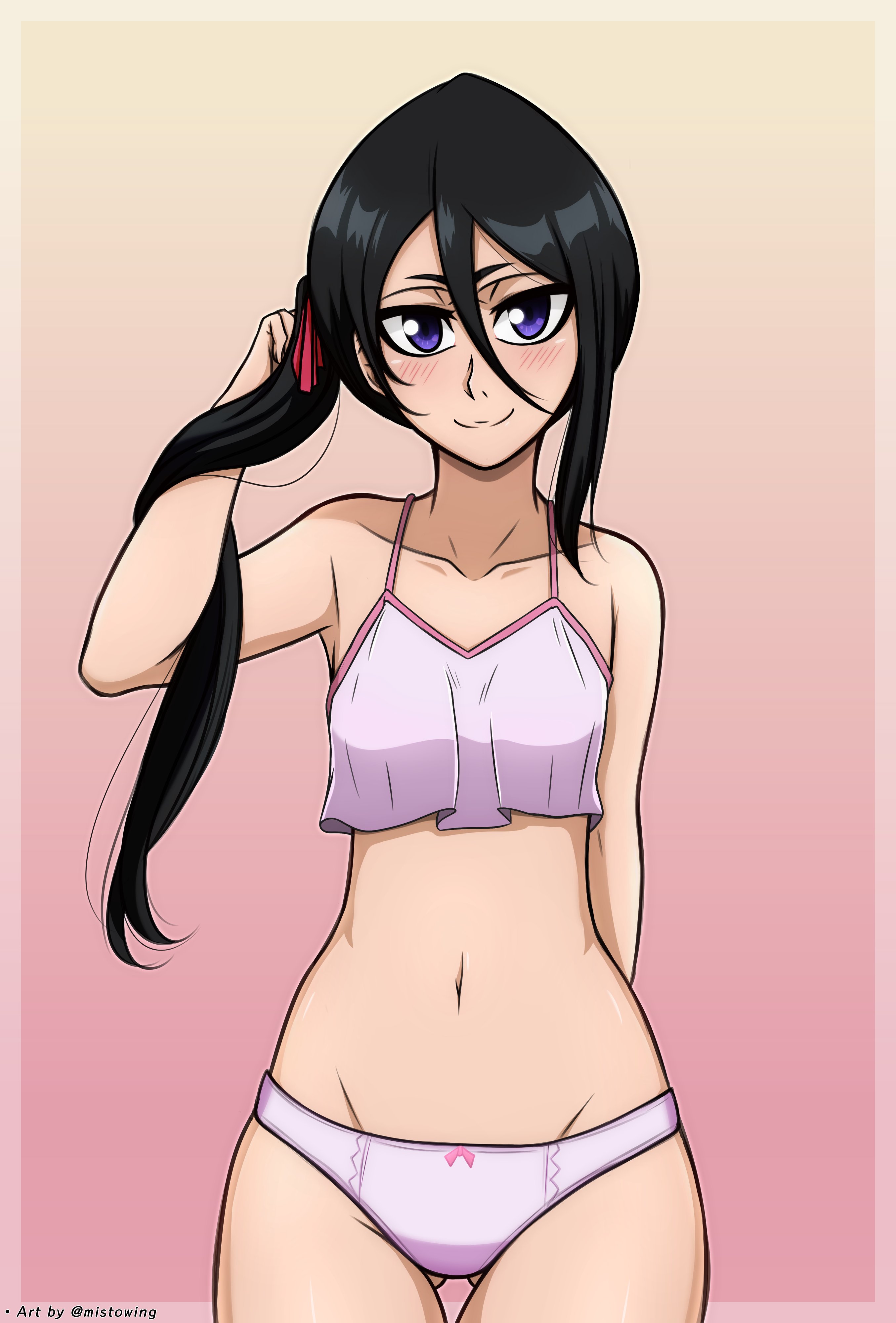 1girls, ass visible through thighs, bare shoulders, belly, belly button, black hair, bleach, blue eyes, blush, bra, breasts, clothed, ears, eyebrows, female, female focus, female only, hair, hair between eyes, hair ornament, highres, kuchiki rukia, long hair, looking at viewer, mistowing, mouth closed, panties, partially clothed, petite, pink background, ponytail, shoulders, simple background, small breasts, smile, solo, standing, tagme, thighs, thin waist, touching hair, underwear, watermark, wide hips