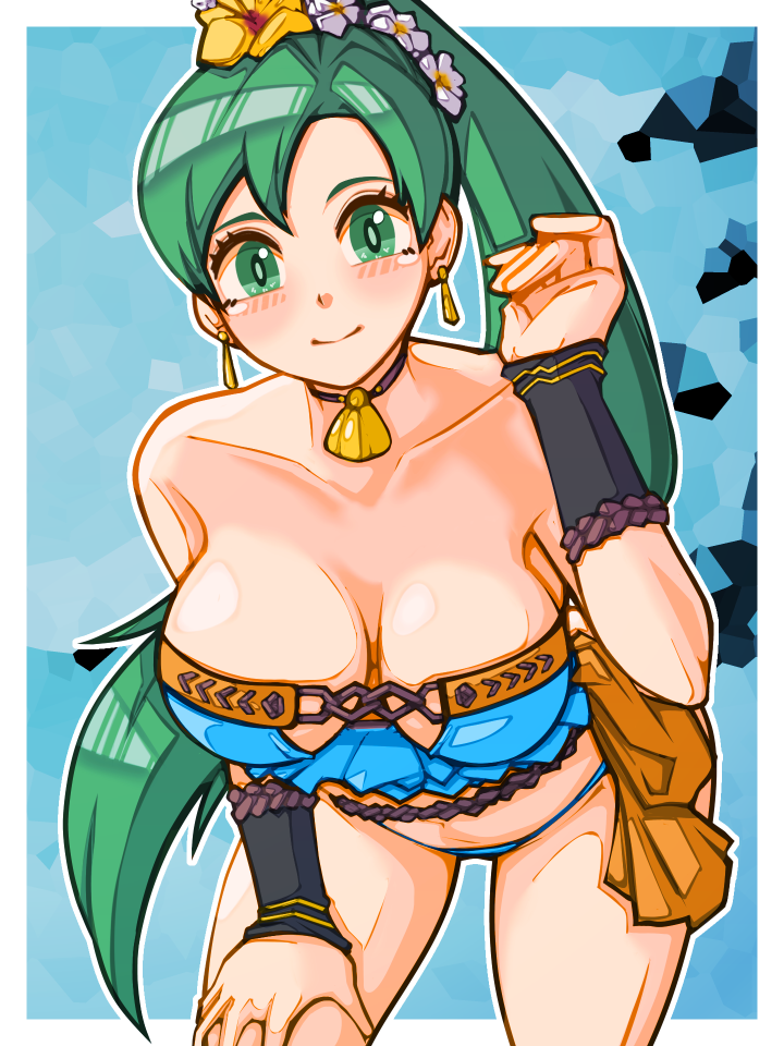 1girls adjusting_hair alternate_costume bare_shoulders bare_thighs bikini blue_bikini blue_swimsuit breasts cleavage collarbone female female_only fire_emblem fire_emblem:_the_blazing_blade fire_emblem_heroes flower green_eyes green_hair hair_flower large_breasts leaning_forward long_hair looking_at_viewer lyn_(fire_emblem) lyn_(summer)_(fire_emblem) mimizunooka nintendo official_alternate_costume ponytail shoulders smile smiling_at_viewer solo swimsuit thighs very_long_hair