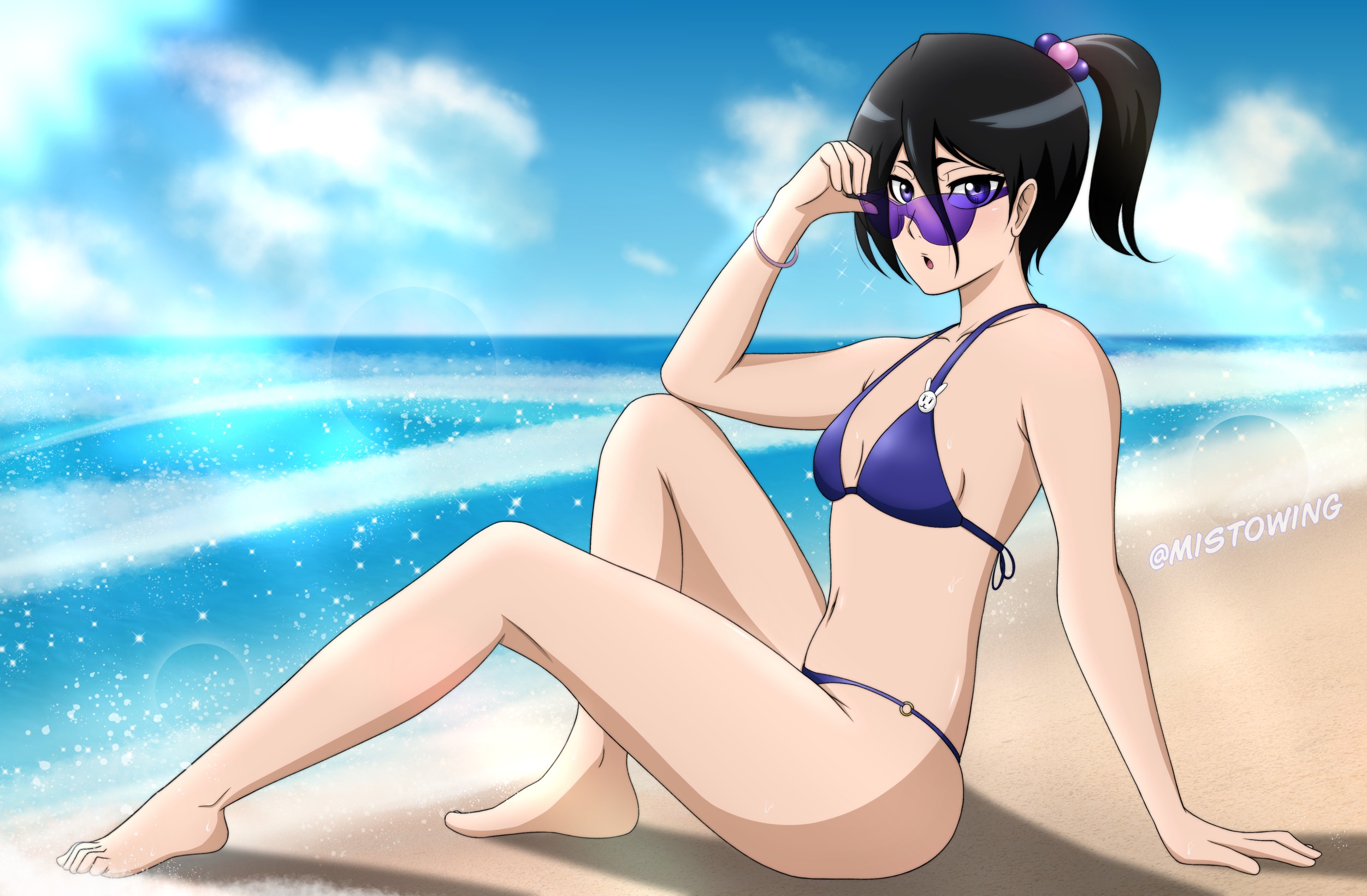1girls, barefoot, bleach, clothed, feet, female, female only, kuchiki rukia, mistowing, solo, swimsuit