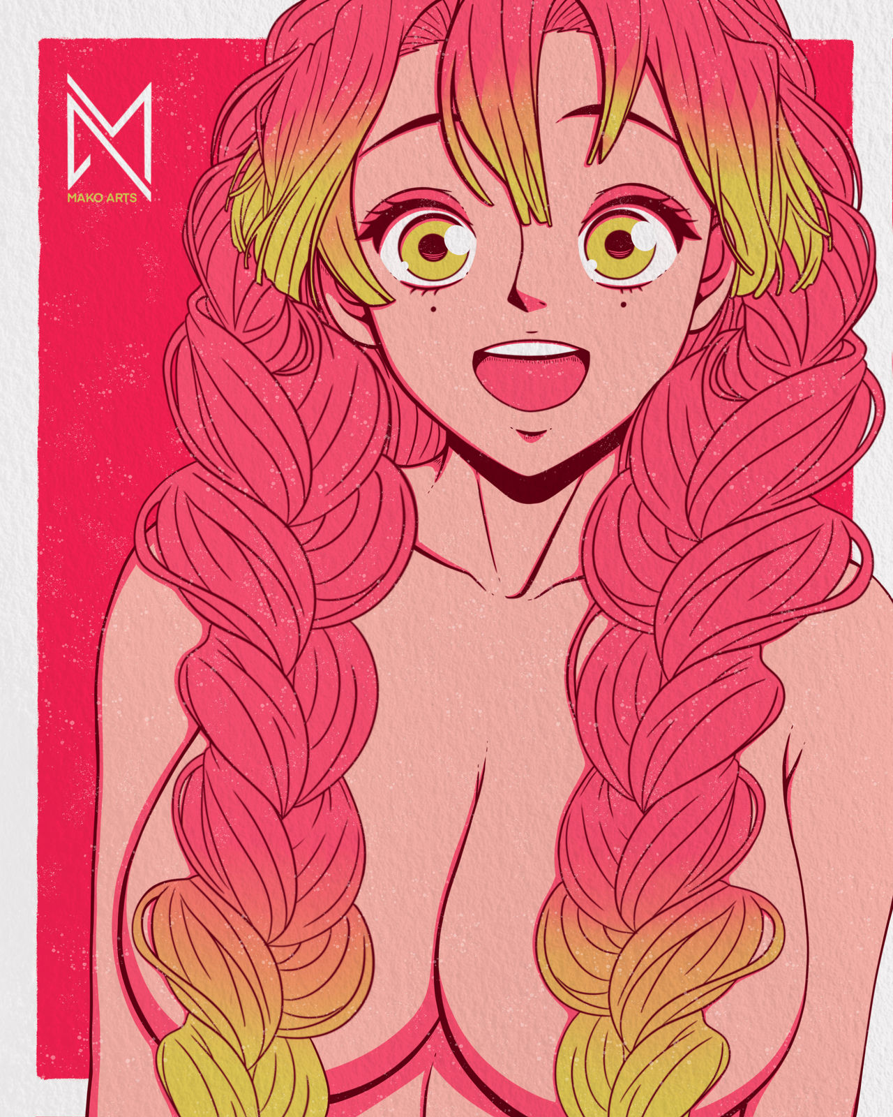 1girls, big breasts, braided hair, breasts, cleavage, convenient censoring, demon slayer, female, female only, gradient hair, green eyes, hair censor, hair covering breasts, kanroji mitsuri, kimetsu no yaiba, long hair, makoart, mole under eye, nude, open mouth, pink background, pink hair, pink-haired female, smile, solo, topless, topless female, two-tone hair, upper body