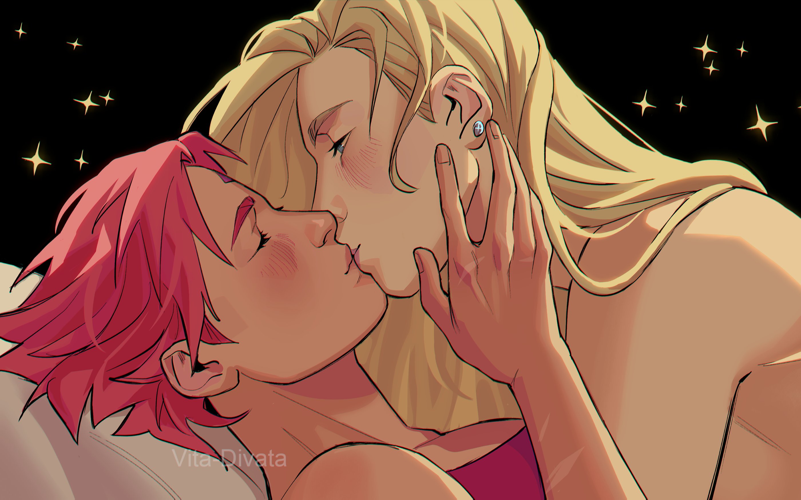 2girls, bed, blonde female, blonde hair, blush, breasts, closed eyes, couple, cuddling, curvy, female, female only, forehead mark, halter top, ino yamanaka, kissing, lips, long hair, lying on bed, lying on person, muscular, muscular female, naruto, naruto (series), on back, pink hair, romantic, sakura haruno, short hair, shounen jump, sideboob, toned, toned female, topless, topless female, underwear, vita-divata, wholesome, yuri
