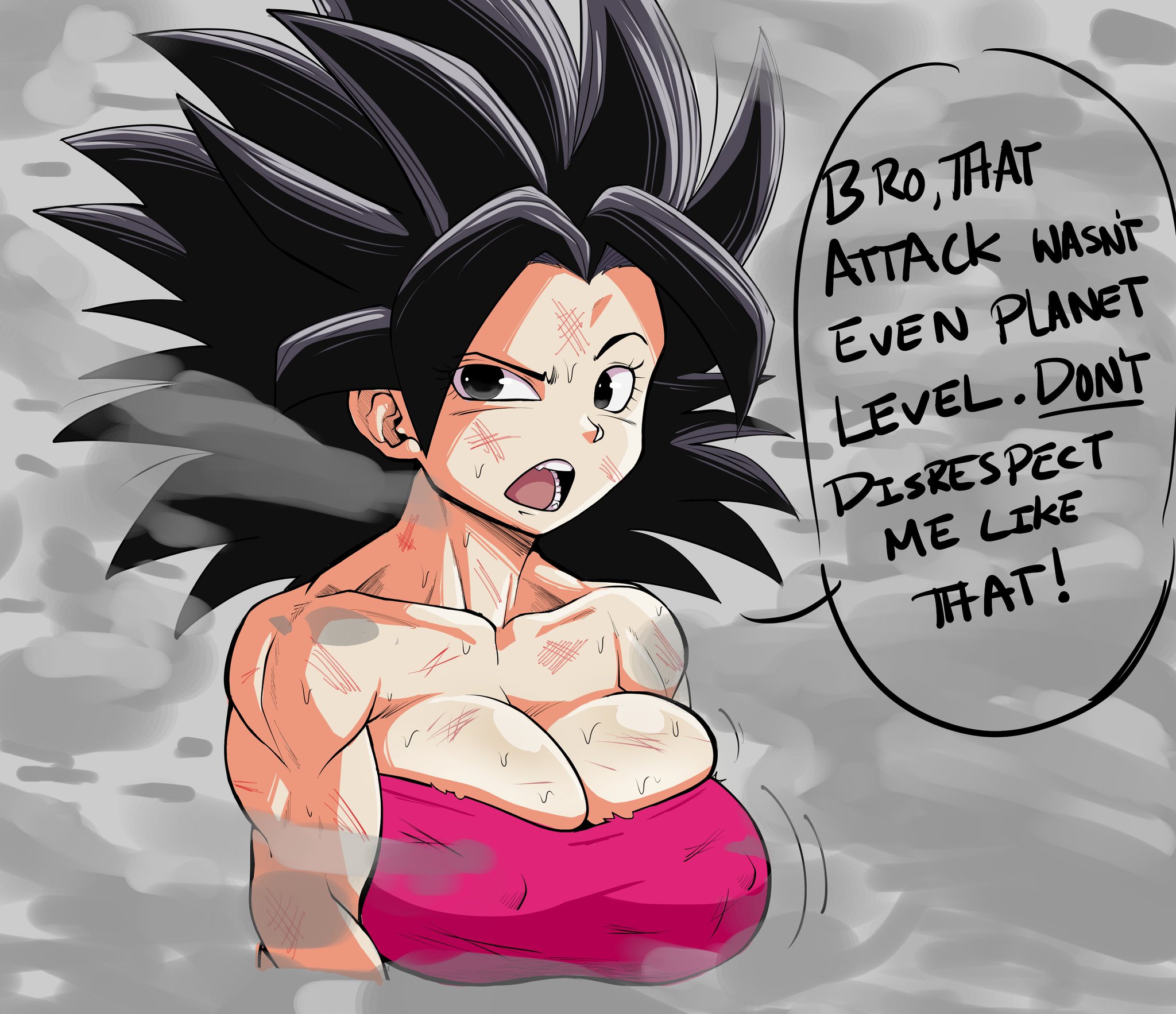 big breasts, breasts, breasts bigger than head, caulifla, dragon ball, duplicate, female, female focus, female only, higher resolution available, large breasts, pseudocel, smoke, text, tomboy, tube top, tubetop, white background