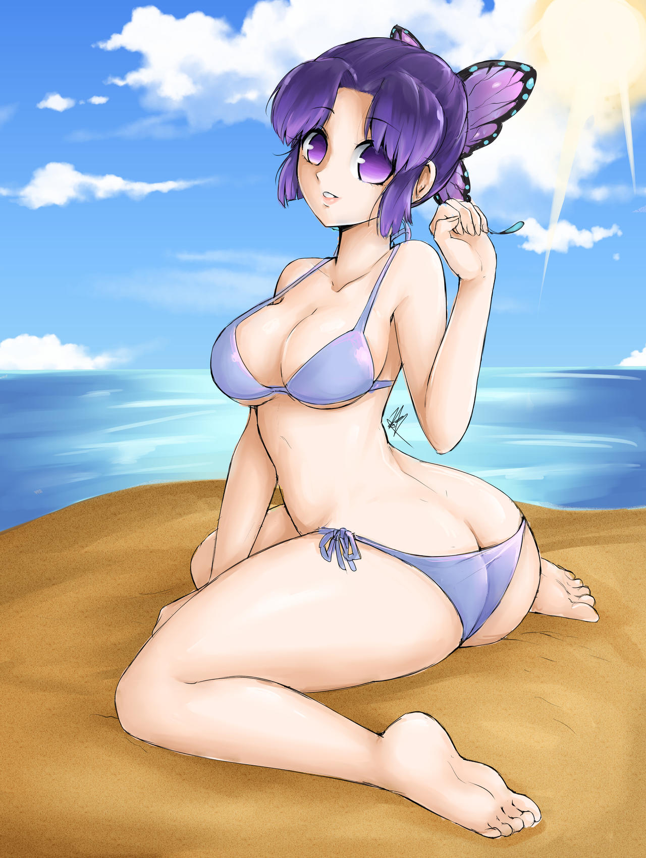 alternate_costume barefoot beach big_ass big_breasts bikini butterfly_hair_ornament cleavage demon_slayer famboykq female female_only full_body kimetsu_no_yaiba kochou_shinobu looking_at_viewer looking_back no_pupils outside purple_bikini purple_eyes purple_hair side-tie_bikini sitting smile soles solo swimsuit underboob wariza