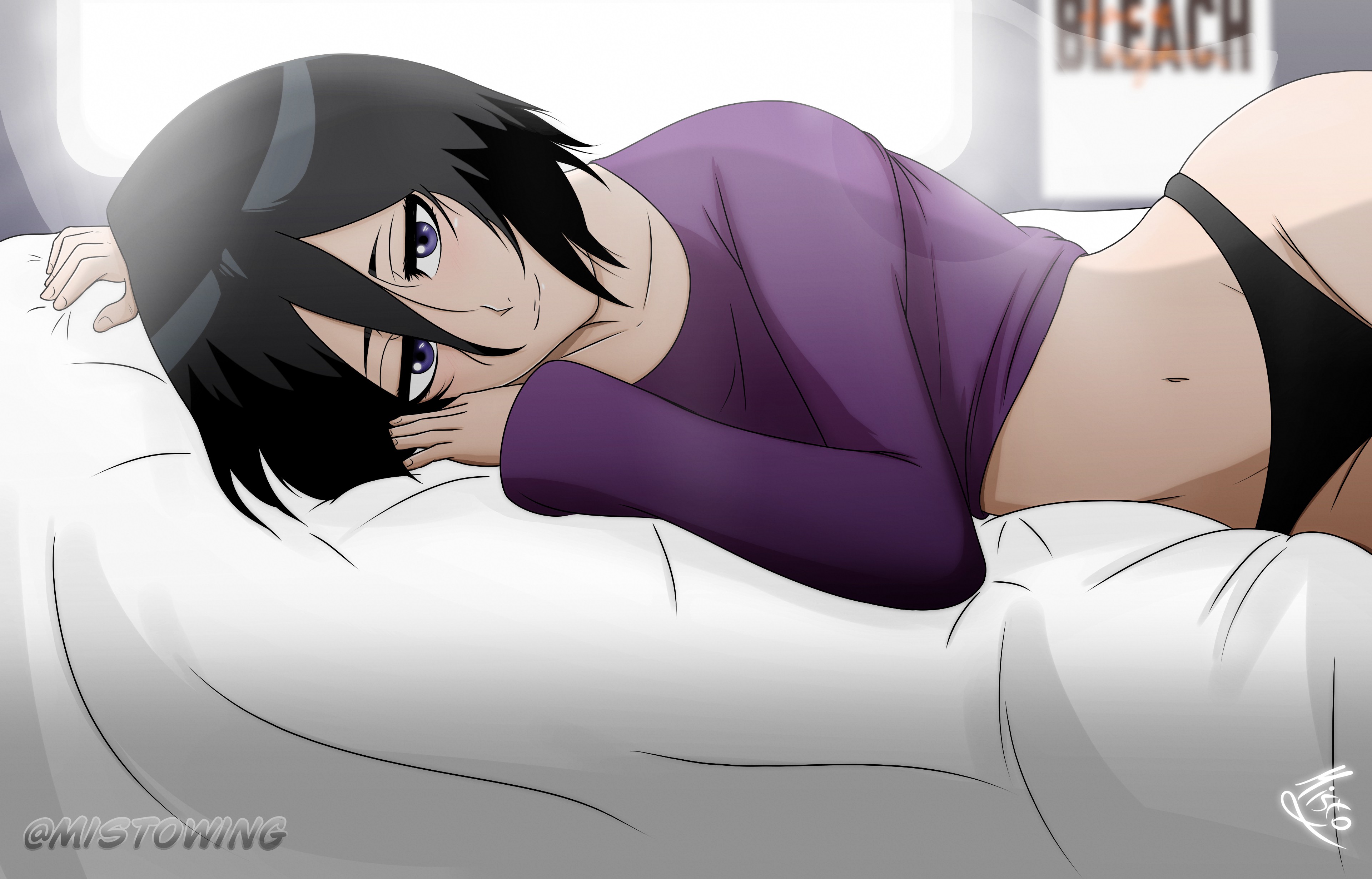 black panties, bleach, clothed, curvy, female, kuchiki rukia, looking at viewer, lying, mistowing, no pants, panties, petite, thick thighs, thin waist, wide hips
