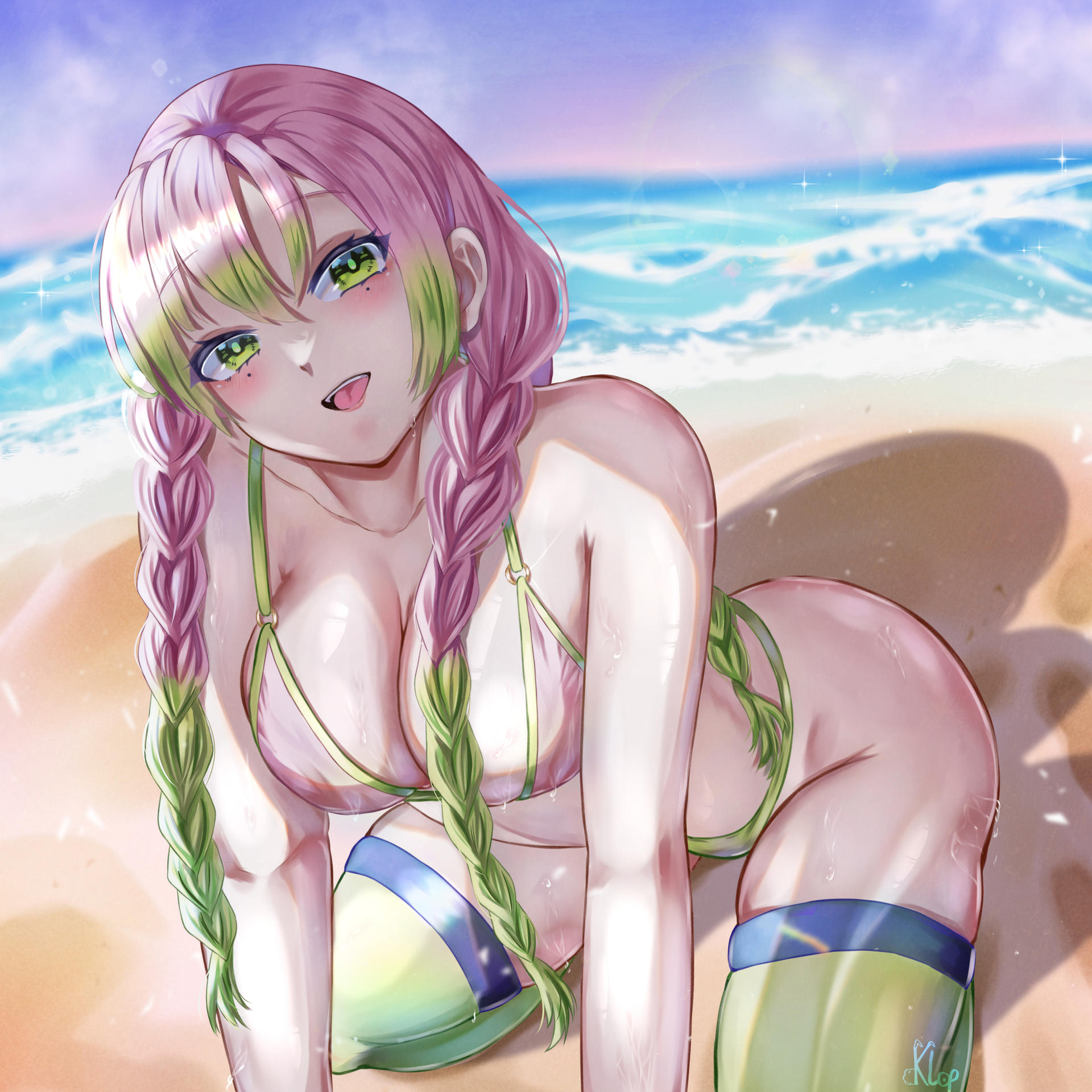 1girls, all fours, alternate costume, bangs, beach, big breasts, bikini, blush, braided hair, breasts, cleavage, demon slayer, female, female only, green eyes, kanroji mitsuri, kimetsu no yaiba, klopsiak, long hair, looking at viewer, mole under eye, outside, pink hair, pink-haired female, smile, solo, swimsuit, thighhighs, two-tone hair, water, wet skin, zettai ryouiki