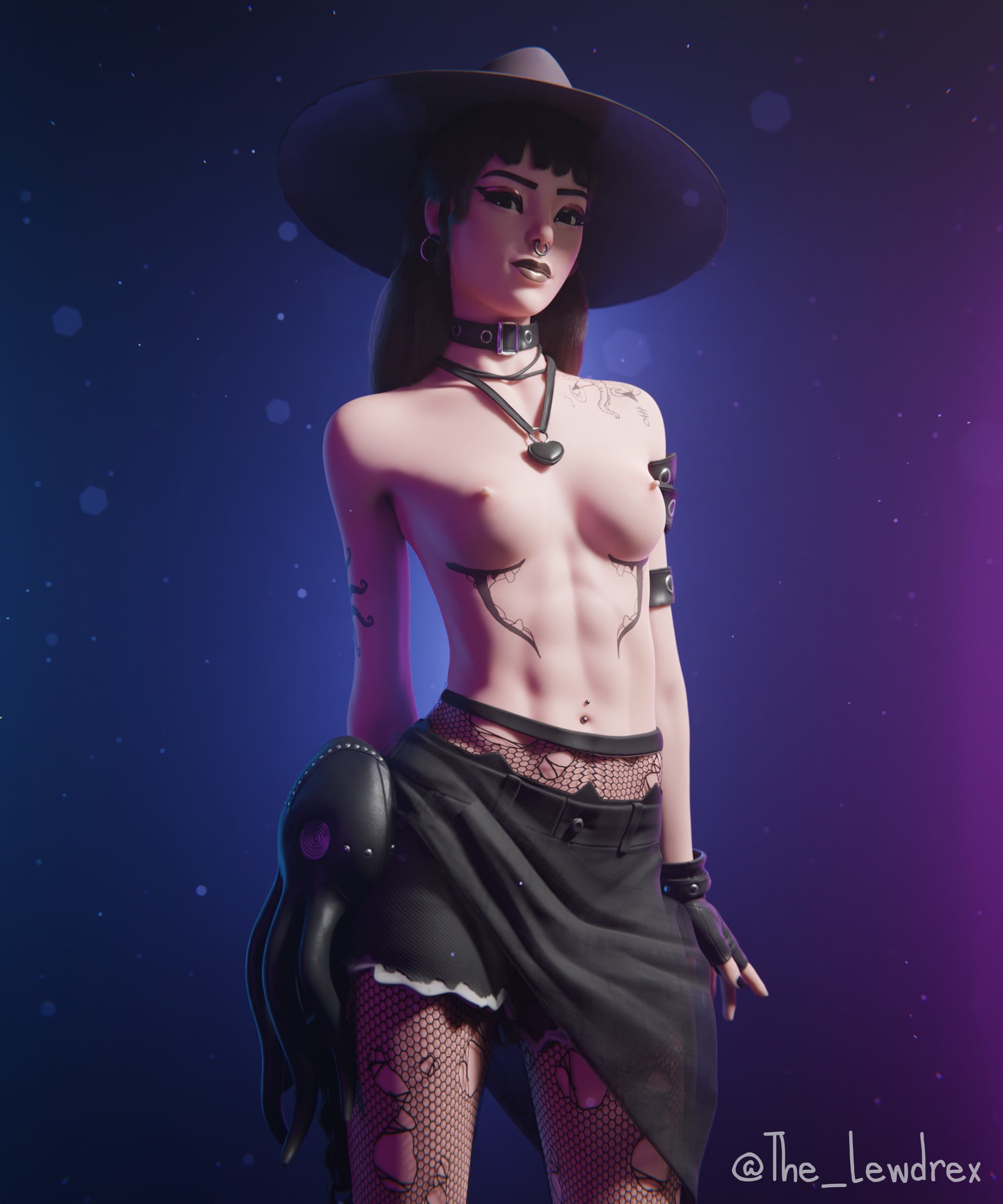 1girls, black hair, choker, female, fortnite, hat, lewdrex, nipples, nose piercing, nude, phaedra (fortnite), shorts, tattoo, topless
