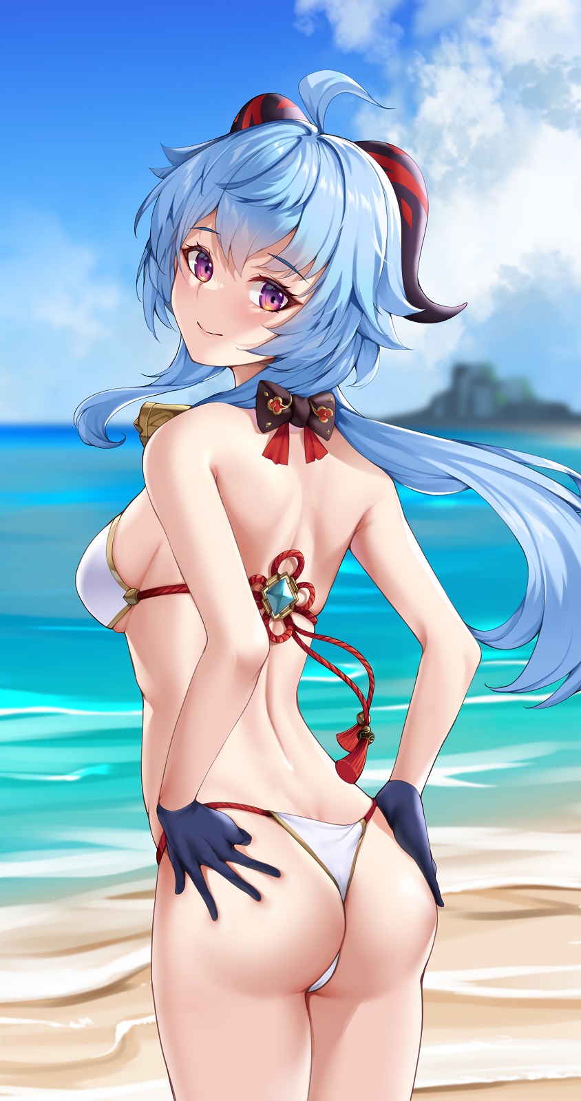 ahoge ass ass_grab back bangs bare_shoulders beach bell bikini black_gloves blue_hair blurry blurry_background bow bowtie breasts chinese_knot colored_tips cowboy_shot deep_skin female flower_knot from_behind ganyu_(genshin_impact) genshin_impact gloves goat_horns hair_between_eyes hands_on_own_ass highres horns long_hair looking_at_viewer looking_back low_ponytail matrix16 medium_breasts multicolored_hair neck_bell outdoors purple_eyes red_rope rope shiny shiny_hair shiny_skin sideboob sidelocks smile solo swimsuit thighs water wedgie white_bikini