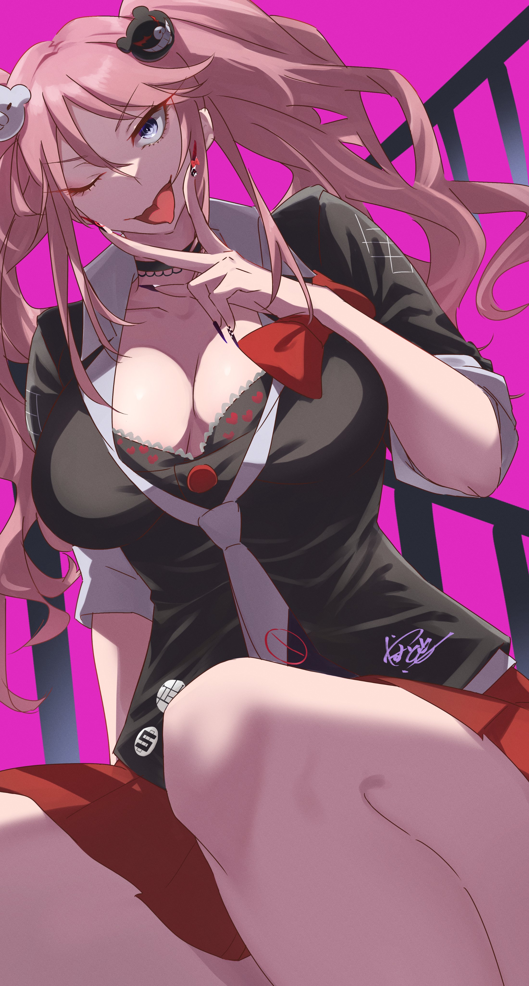 1girls, black bra, bra, breasts, cleavage, danganronpa, danganronpa 1, danganronpa: trigger happy havoc, female, female only, junko enoshima, large breasts, picot trim, picot trim bra, straight hair, yasutomo!