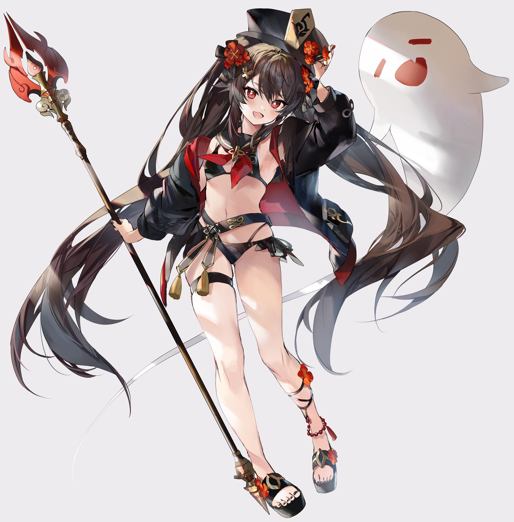 brown hair, female, genshin impact, hu tao (genshin impact), petite, petite body, revealing clothes, soraneko hino, thick, thick thighs, thighs