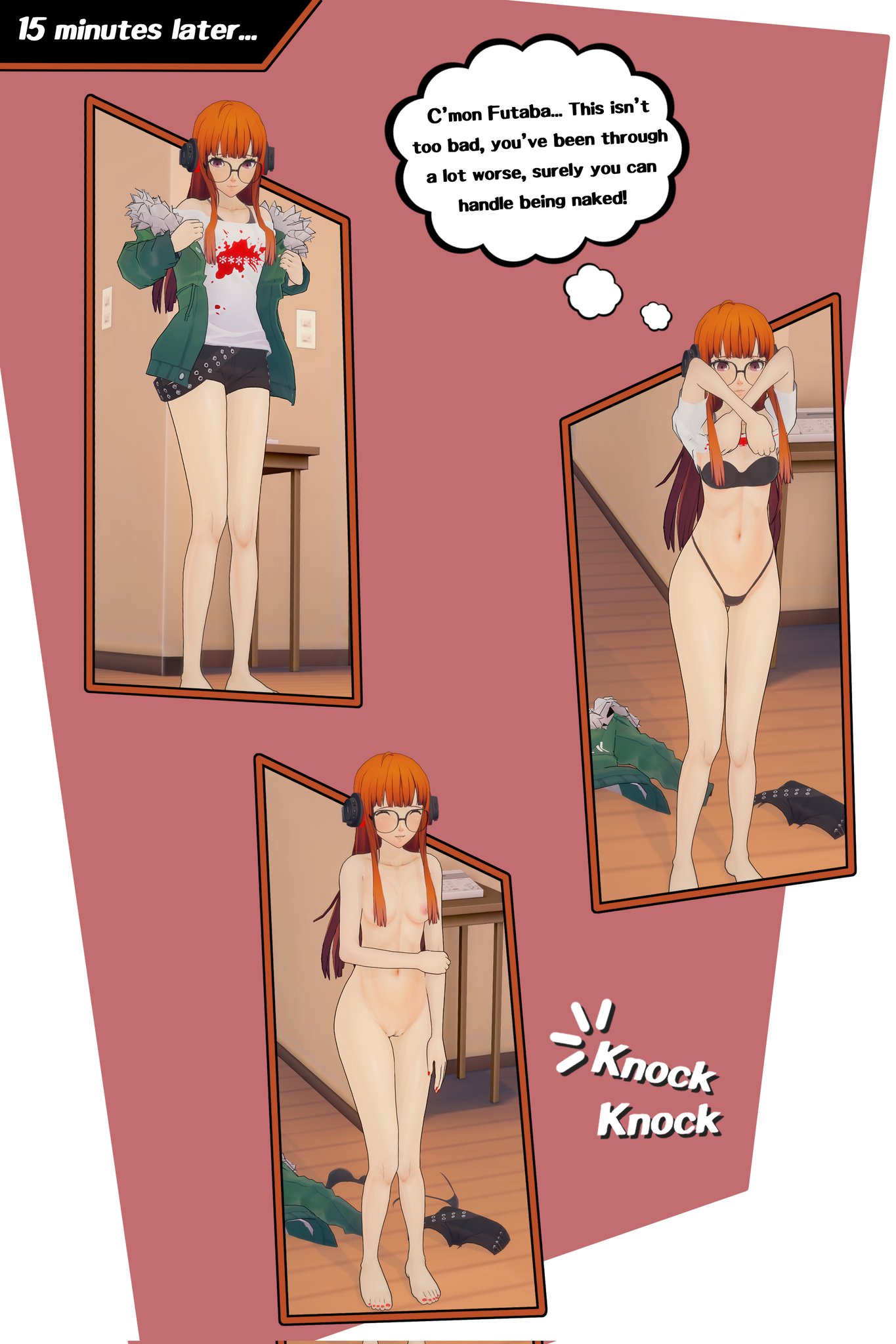 3d, atlus, comic, eyewear, fefreak726, female, female only, human, light skin, light-skinned female, naked, nude, pale skin, persona, persona 5, sakura futaba