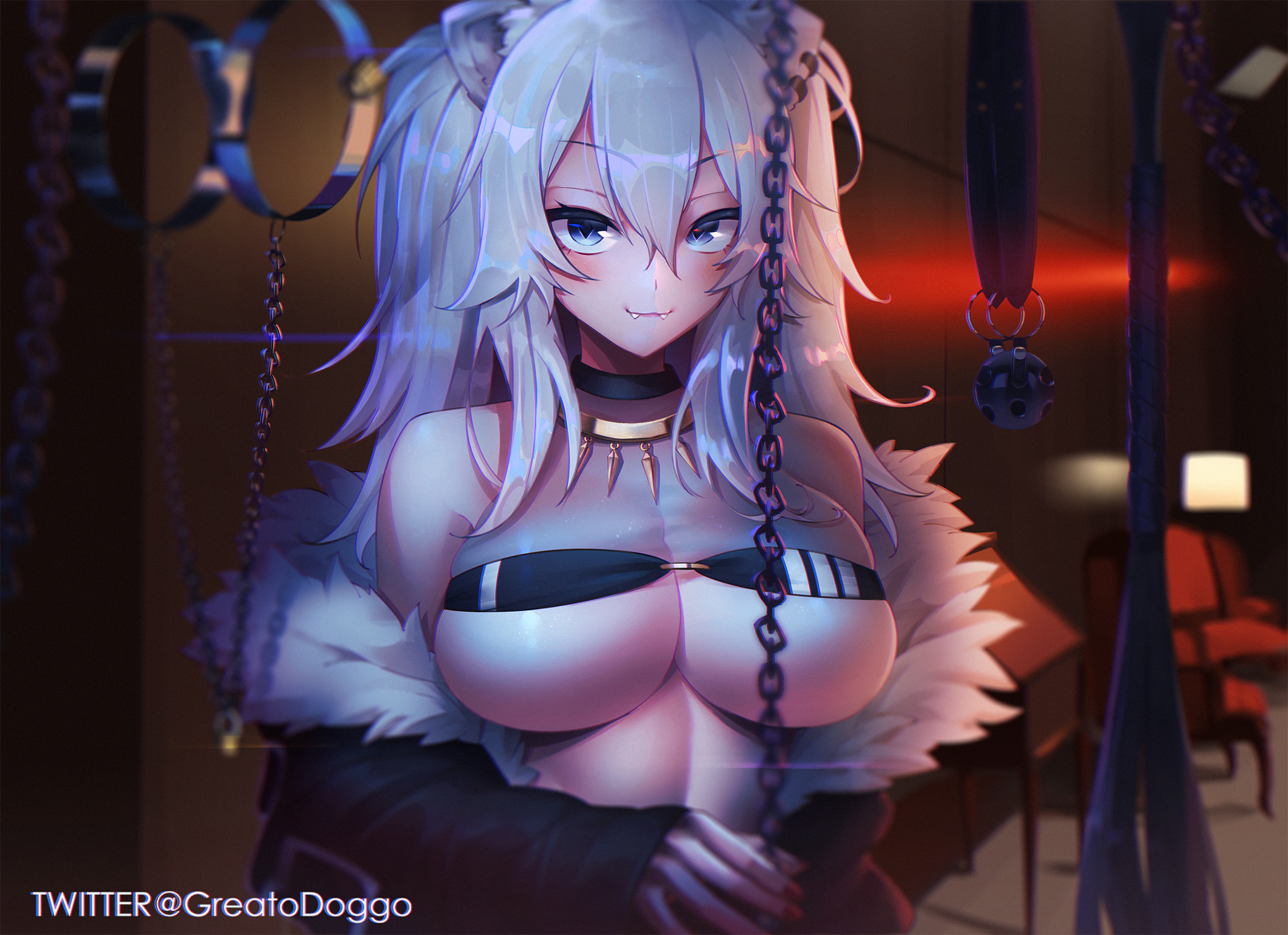 1girls, 2022, animal ears, ball gag, bandeau, bangs, black jacket, bondage gear, breasts, bustier, chains, chair, crop top, ear piercing, fangs, female, female focus, female only, fur trim, fur-trimmed jacket, gag, greatodoggo, grey eyes, grey hair, hair between eyes, halter top, halterneck, highres, hololive, hololive gen 5, hololive japan, indoors, jacket, jewelry, large breasts, lion ears, lion girl, long hair, long sleeves, looking at viewer, necklace, off shoulder, open clothes, open jacket, piercing, red nails, see-through, shirt, shishiro botan, sleeveless, sleeveless shirt, smile, solo, solo female, twitter username, two side up, upper body, virtual youtuber