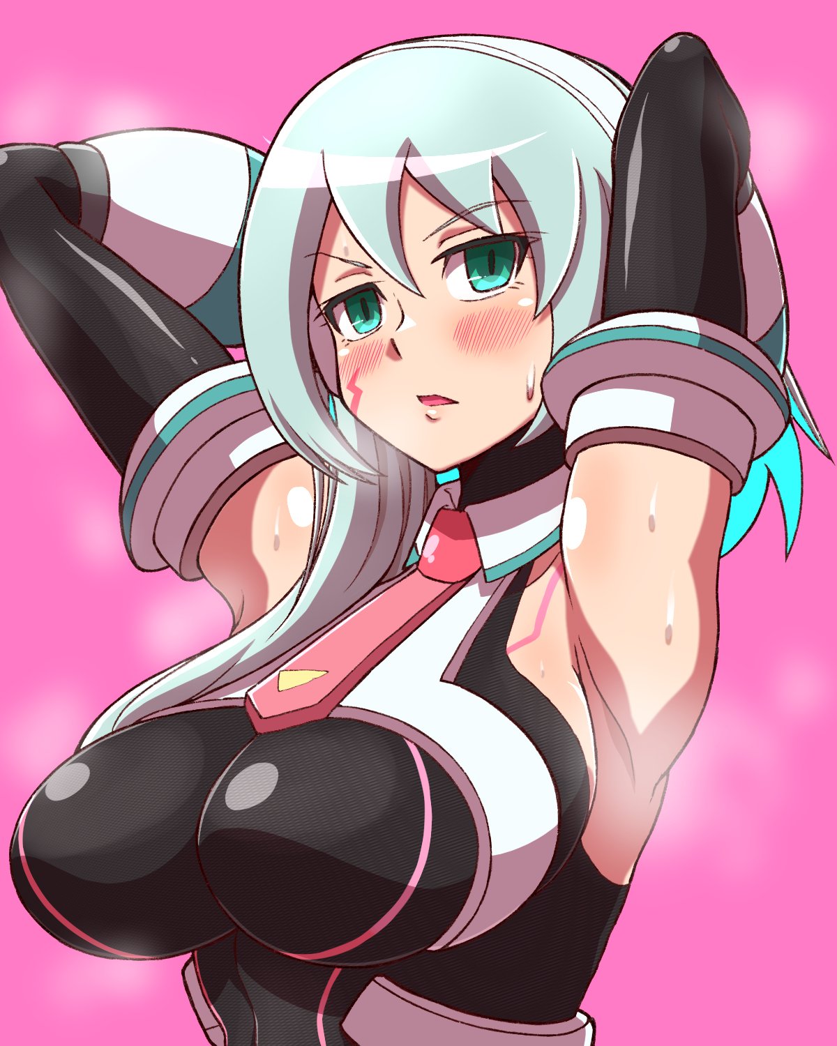 1girls armpit_fetish armpits arms_behind_head big_breasts blue_eyes blue_hair blush breasts cropped_torso ico_(mega_man) large_breasts long_hair looking_at_viewer mega_man mega_man_x_dive noburockman open_mouth pink_background simple_background smell solo solo_female steaming_body sweat tagme upper_body