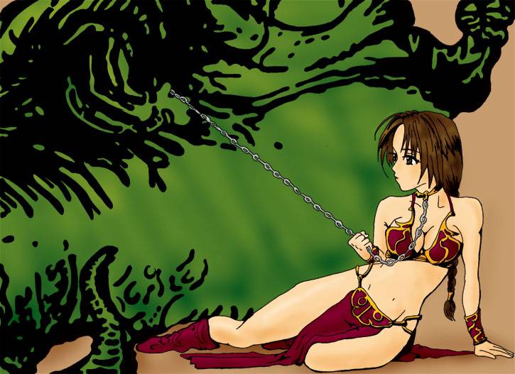 1girls anime_style arm_bands artist_request bare_arms bare_legs bare_midriff bare_shoulders bare_thighs belly_dancer belly_dancer_outfit boots brown_hair chained chained_collar chains cleavage dancer dancer_outfit dark_green_eyes dark_green_skin female girl harem_girl harem_outfit human hutt jabba_the_hutt leash loincloth long_ponytail metal_bikini metal_collar ponytail red_armwear red_bikini_top red_boots red_loincloth slave slave_bikini slave_collar slave_leia_(cosplay) slave_outfit slavegirl slug star_wars