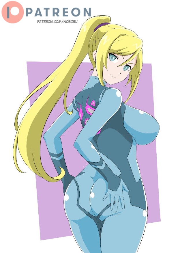 1girls, artist name, ass, big breasts, blonde hair, blue bodysuit, blue eyes, bodysuit, breasts, closed mouth, eyebrows visible through hair, female, female only, from behind, hair between eyes, hand on ass, hand on hip, hand on own ass, head tilt, high ponytail, large breasts, larger male, long hair, looking at viewer, looking back, male, metroid, naughty face, nintendo, noboru revista, patreon, ponytail, purple background, samus aran, shiny, shiny clothes, shiny hair, simple background, skin tight, smile, solo, solo female, standing, thick thighs, white background, zero suit, zero suit samus