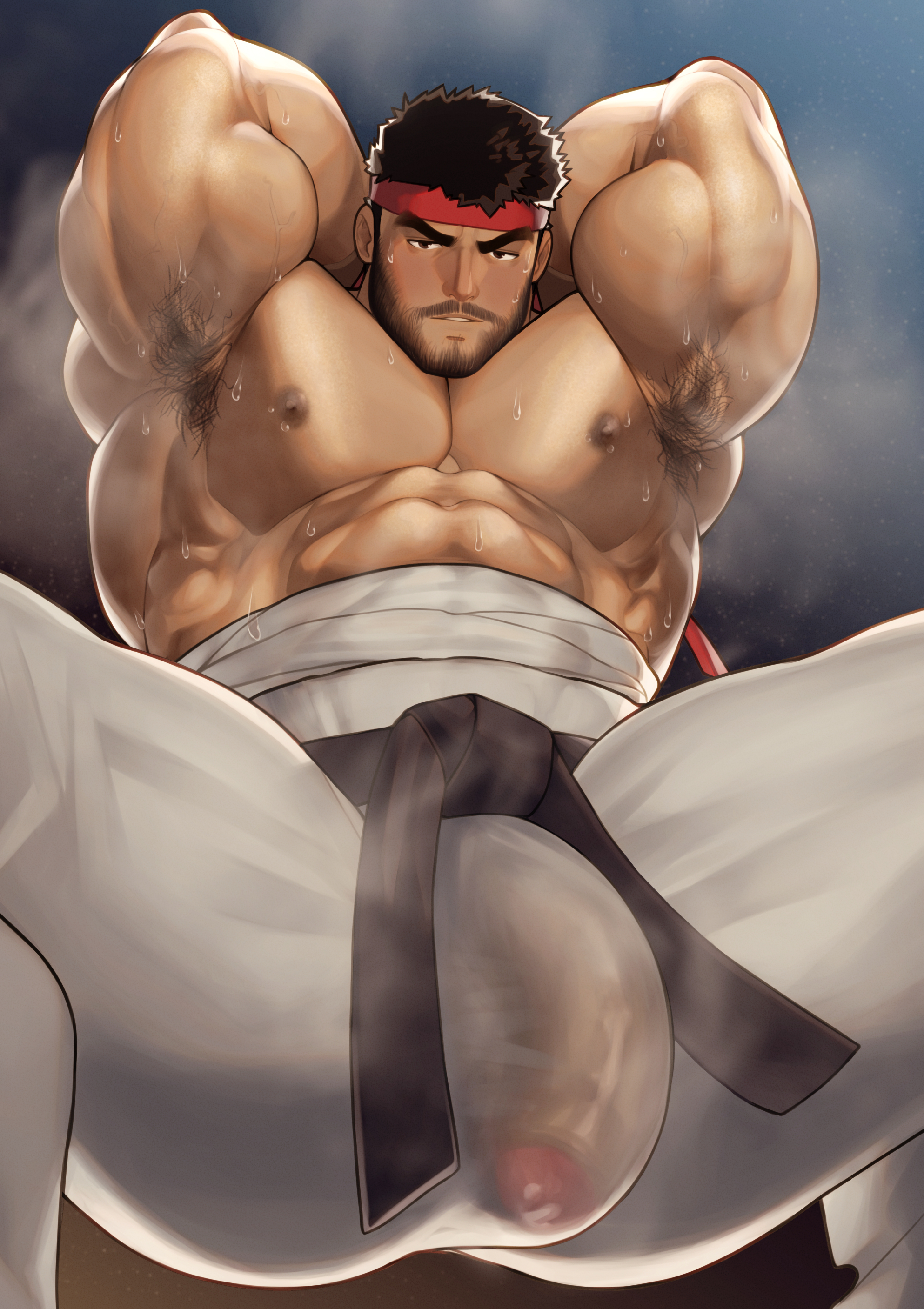 arms behind head, bara, biceps, big muscles, big penis, black hair, blush, blushing at viewer, bodybuilder, facial hair, fundoshi, gay, hands behind head, high resolution, highres, huge cock, huge muscles, legs apart, legs spread, male, male focus, male only, muscles, muscular, muscular arms, muscular back, muscular legs, muscular male, muscular thighs, nipples, pecs, penis, pubic hair, ruisselait, ryu (street fighter), see-through clothing, steaming body, sweating, sweaty, sweaty body, veins, veiny muscles, yaoi