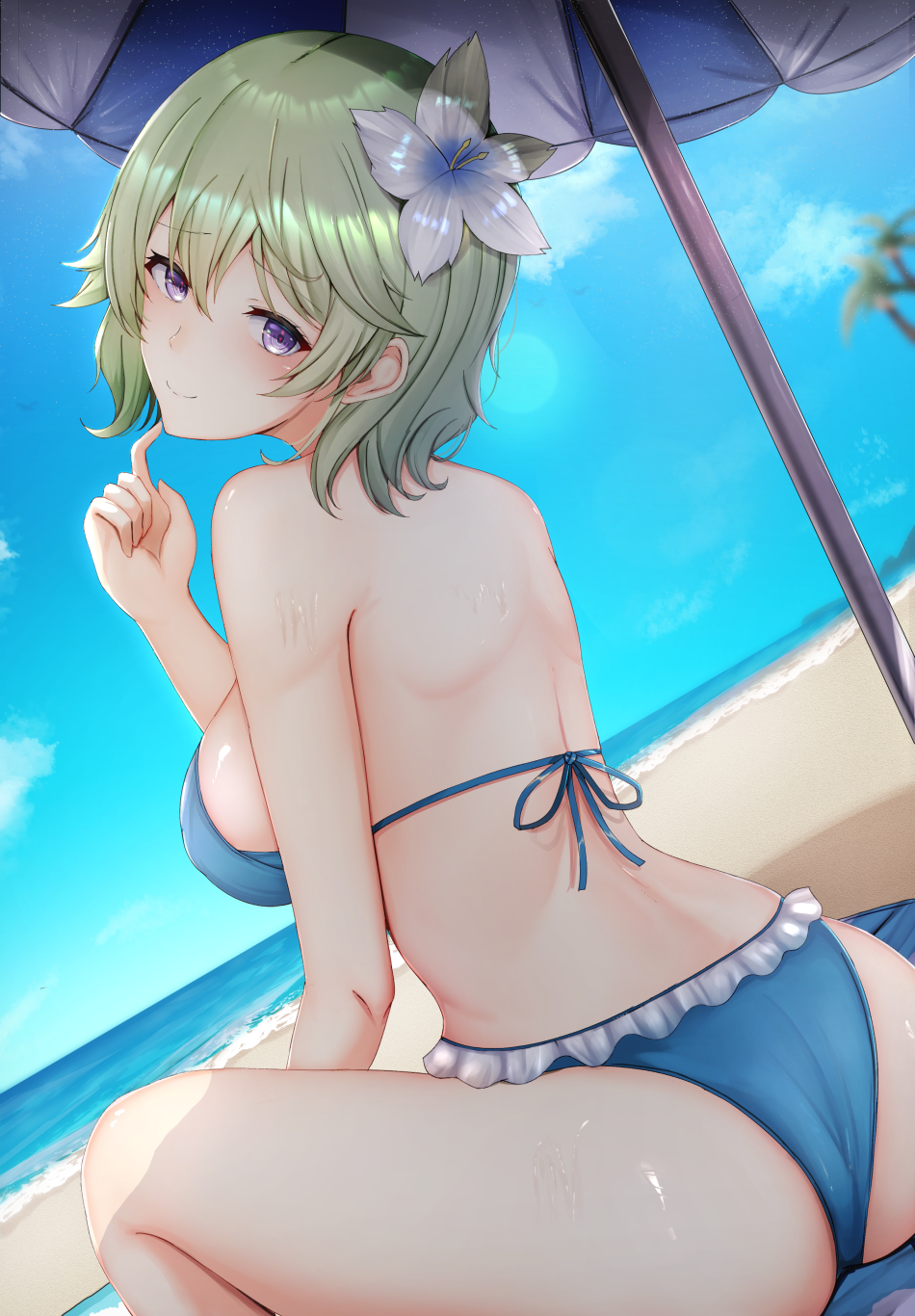 ass back backboob bare_legs beach beach_towel beach_umbrella bikini blue_bikini blue_sky blue_swimsuit blush breasts chiyo_(pk19981234) chiyo_(s1101530) closed_mouth clothing cloud cloudy_sky day dutch_angle eiyuu_densetsu eyebrows_visible_through_hair falcom female female_only finger_to_own_chin flower frilled_bikini frilled_swimsuit frills from_behind green_hair hair_between_eyes hair_flower hair_ornament high_resolution legs looking_at_viewer medium_breasts musse_egret ocean official_alternate_costume outdoors purple_eyes sen_no_kiseki short_hair sitting sky smile solo solo_female swimsuit tareme thighs towel umbrella