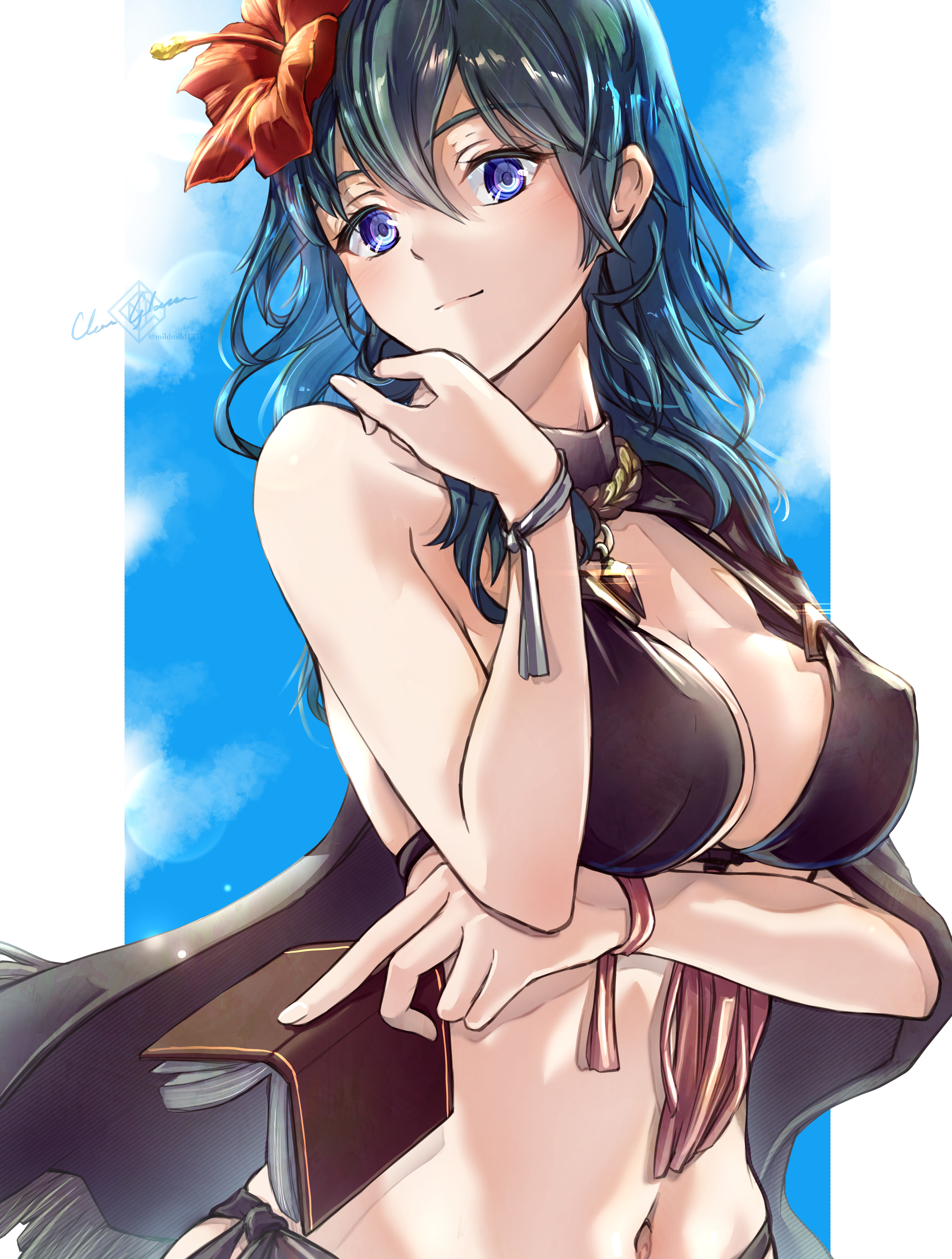 1girls, absurdres, alternate version available, arm under breasts, bikini, black bikini, blue eyes, blue hair, blue sky, book, breasts, byleth (fire emblem), byleth (fire emblem) (female), cape, clear glass (mildmild1311), cleavage, closed mouth, cloud, cloudy sky, collarbone, commentary request, covered nipples, female, female only, fire emblem, fire emblem heroes, fire emblem: three houses, flower, hair between eyes, hair flower, hair ornament, hand on own chin, hand up, head tilt, highres, holding, holding book, large breasts, long hair, looking at viewer, messy hair, navel, nintendo, official alternate costume, revision, shadow, shiny, shiny hair, side-tie bikini, side-tie bikini bottom, signature, sky, solo, swimsuit, tassel, upper body