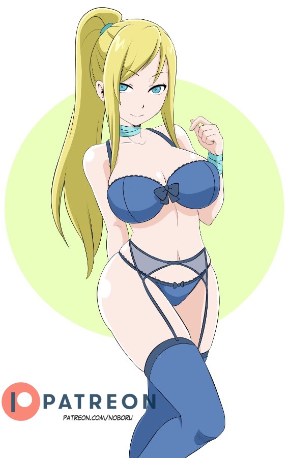 1girls bedroom_eyes blonde_hair blue_eyes blue_lingerie blue_stockings bra breasts choker cleavage female female_only g-string garter_belt garter_straps large_breasts lingerie metroid nintendo noboru_revista samus_aran solo stockings tagme very_long_hair