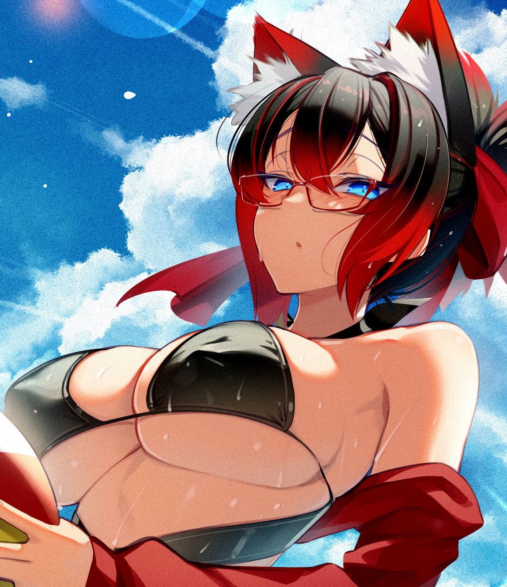 animal_ear_fluff animal_ears bangs bikini black_bikini black_hair blue_eyes blush breasts catyla catyla_(bird8700) catyla_(ohman) cloud cluseller day female glasses hair_between_eyes holding jacket large_breasts looking_at_viewer looking_down multicolored_hair off_shoulder original outdoors parted_lips red_hair red_jacket sky solo standing swimsuit two-tone_hair wet