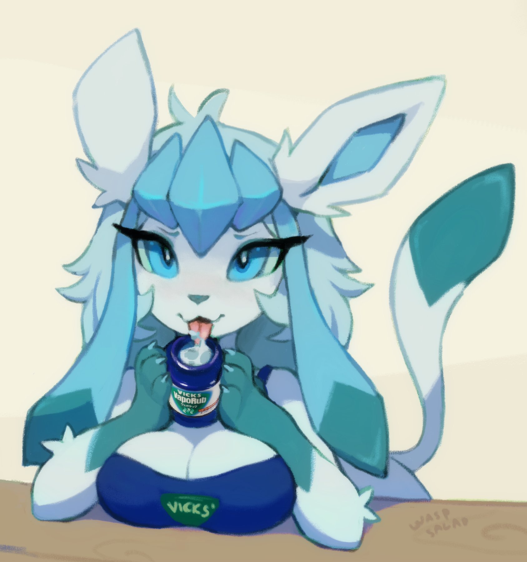 breasts, eeveelution, female, furry, glaceon, mixed media, nintendo, pokémon (species), pokemon, pokemon (species), product placement, tagme, vicks vaporub, waspsalad