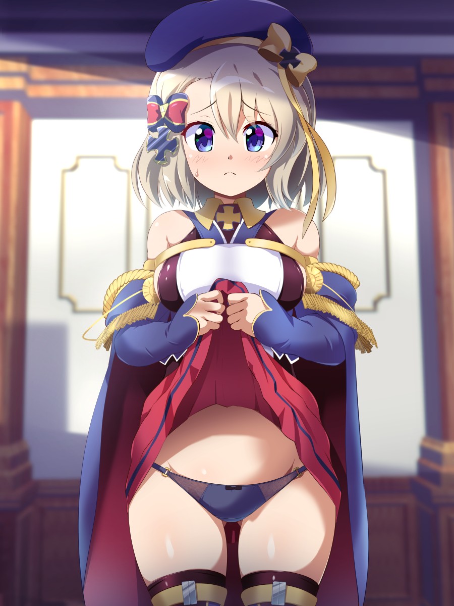 1girls, azur lane, blonde hair, blue eyes, breasts, cape, clothes lift, female, hat, highres, hips, iron blood (azur lane), konpeto, large breasts, legs, light skin, light-skinned female, looking at viewer, panties, presenting, retrofit (azur lane), short hair, shy, skirt, skirt lift, solo, thick thighs, thighs, underwear, z23 (azur lane), z23 (retrofit) (azur lane)