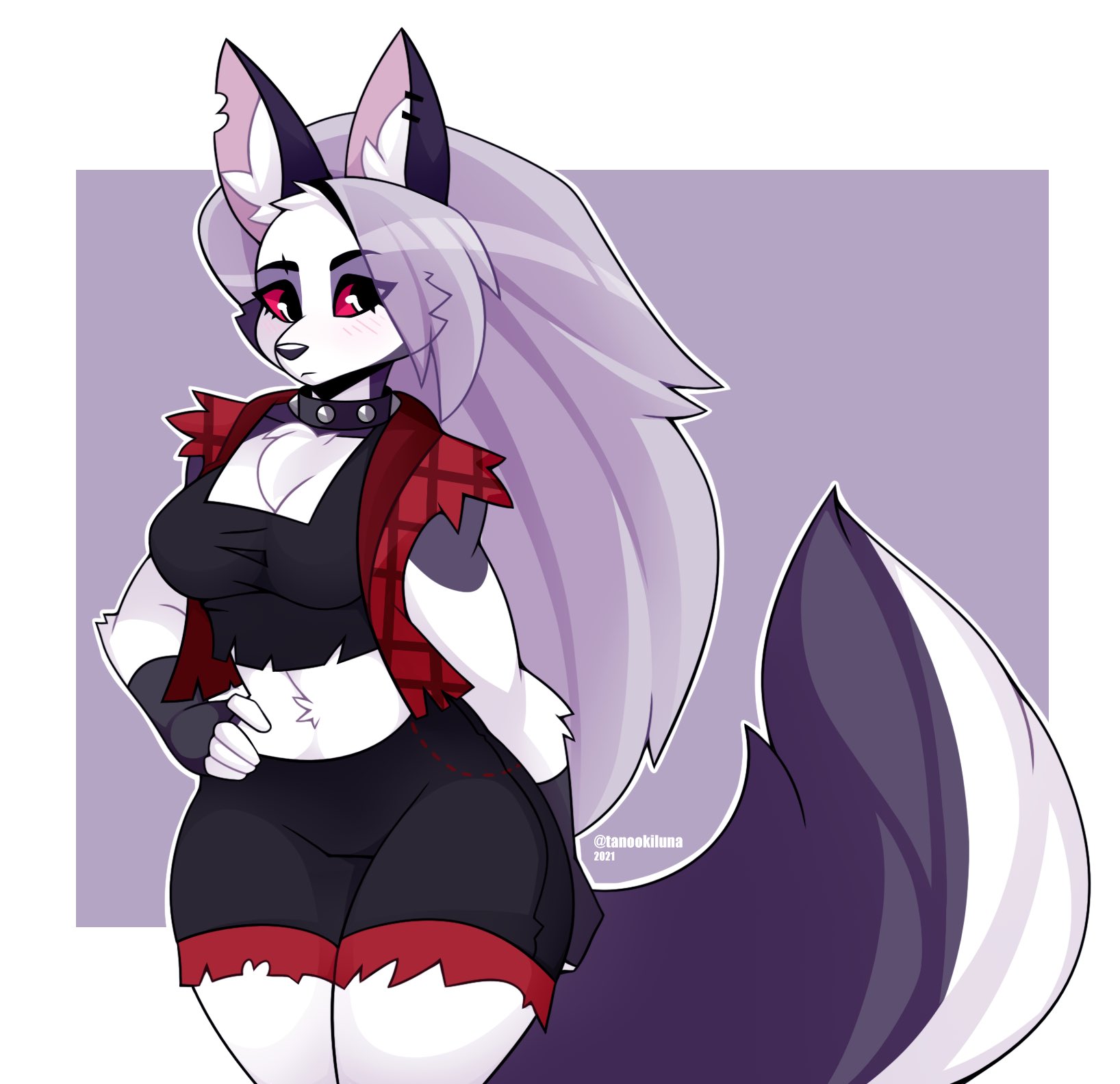 1girls, black fur, female, fingerless gloves, grey hair, helluva boss, jacket, long hair, looking at another, loona (helluva boss), red sclera, spiked collar, tagme, tanookiluna, two-tone fur, white fur, wolf ears, wolf girl, wolf tail