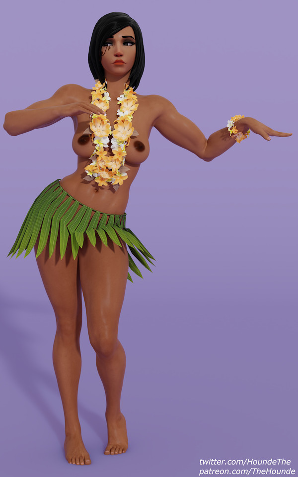 3d 3d_(artwork) brown_nipples flower_bracelet grass_skirt hula hula_skirt lavender_background lei nude_underneath overwatch pharah thehounde topless topless_female video_games