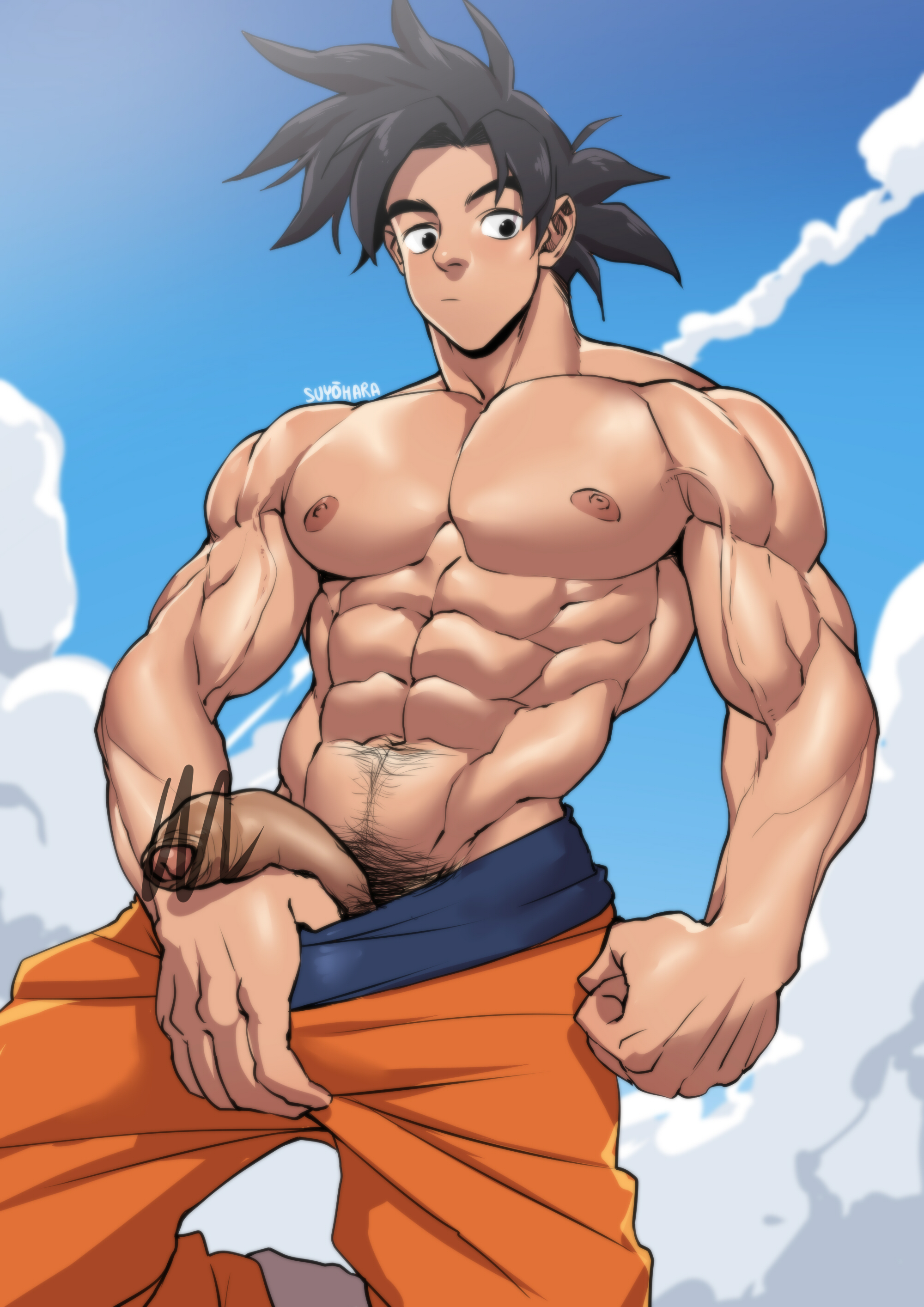 1boy, dilf, dragon ball, erection, foreskin, male, male only, male saiyan, muscular, muscular male, penis, solo, son goku, suyohara, uncircumcised, unretracted foreskin