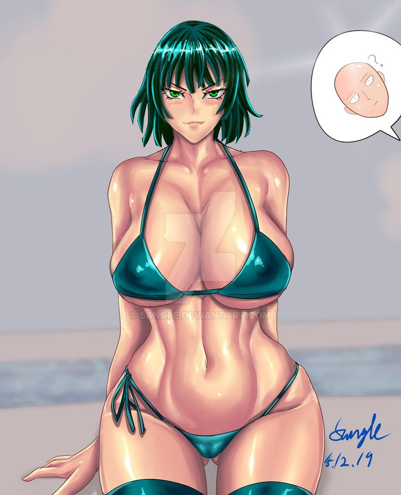 1boy, 1girls, 5angle, arms behind back, ass, ass visible through thighs, bangs, bare shoulders, belly, belly button, big breasts, bikini, bikini bottom, bikini top, blush, bob cut, boots, breast squeeze, breasts, busty, cameltoe, cleavage, clothed, clothing, collarbone, covered breasts, covered navel, covered nipples, covered pussy, curvaceous, curvy, curvy body, curvy female, curvy figure, dark green hair, dark hair, eye contact, eyelashes, female, female focus, fit, fit female, fringe, front view, fubuki (one-punch man), green eyes, green hair, heroine, hips, hourglass figure, large breasts, legs, light skin, light-skinned female, lips, lipstick, looking at another, looking at viewer, male, medium hair, navel, one-punch man, pink lips, pink lipstick, plump, plump camel toe, pussy, saitama, seducing, seductive, seductive eyes, seductive look, seductive mouth, seductive smile, shiny skin, short hair, slim, slim waist, smiling, smiling at another, smirk, stockings, stomach, string bikini, teasing, thick, thick legs, thick thighs, thighs, thin waist, tight clothing, tits, toned, toned body, toned female, toned stomach, underboob, voluptuous, waist, wide hips