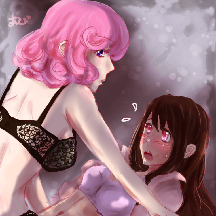 2014 2girls artist_signature black_bra blush bra brown_hair iki_hiyori kofuku_(noragami) lingerie long_hair multiple_girls noragami pink_bra pink_eyes pink_hair purple_eyes seiginoakashi short_hair yuri