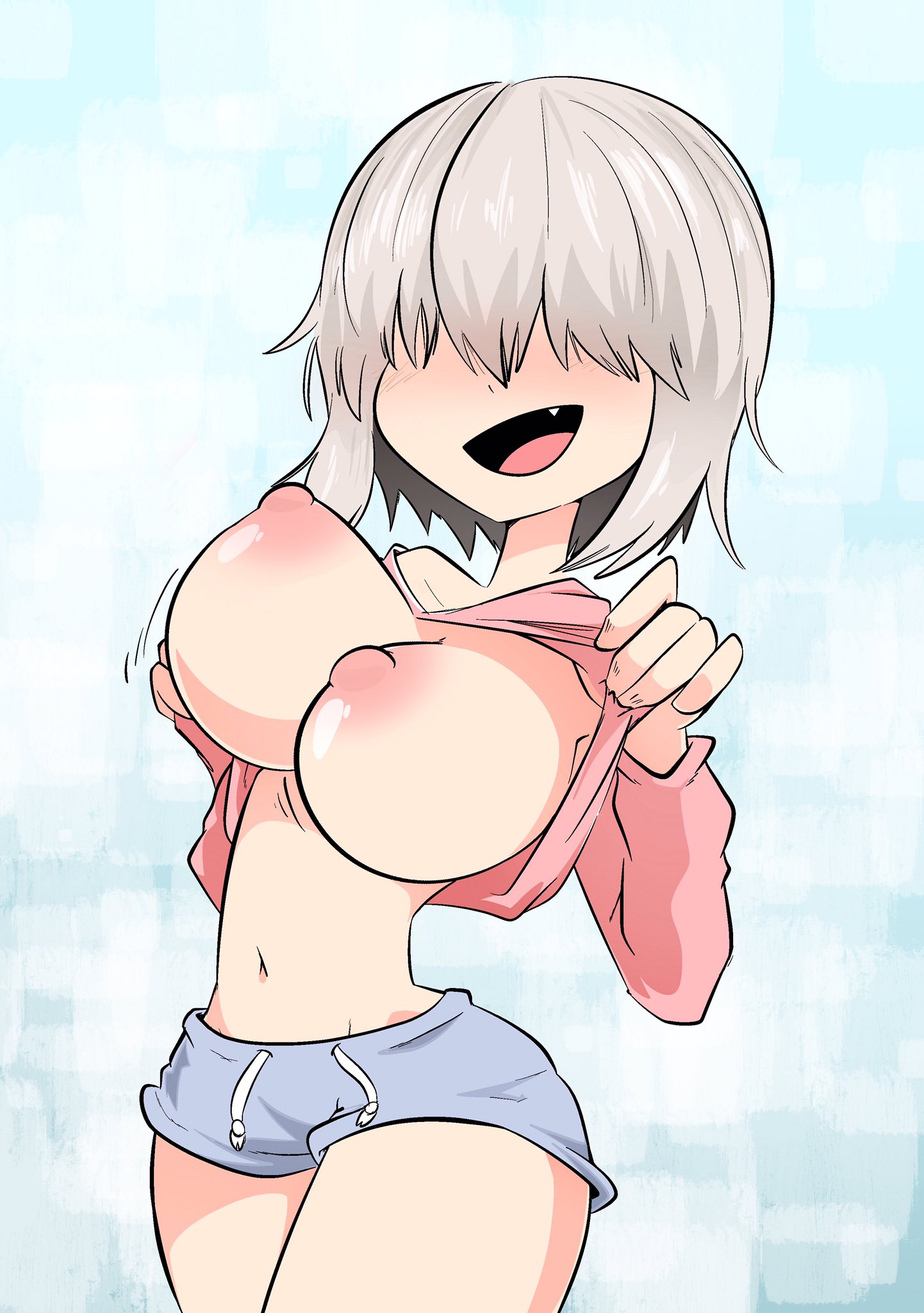 1girls, areolae, big breasts, blush, breasts, exposed breasts, eyes covered, female, female focus, female only, hair between eyes, joshin, light skin, light-skinned female, no bra, shirt, shirt lift, shorts, silver hair, skinny, skinny with big breasts, thin, thin female, uzaki yanagi, uzaki-chan wa asobitai!, voluptuous