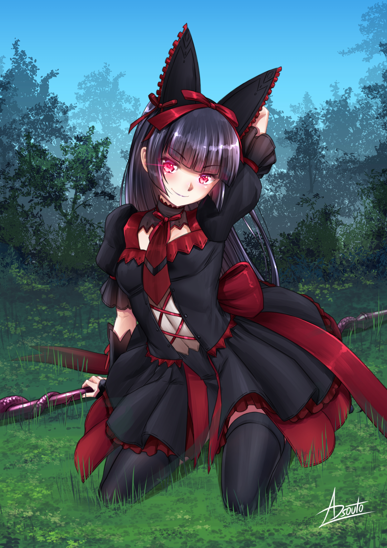 1girls, 2021, adsouto, arm behind head, bangs, black hair, blunt bangs, female, female only, gate - jieitai ka no chi nite kaku tatakaeri, glowing eyes, goth, gothic lolita, hi res, kneeling, lolita fashion, long hair, looking at viewer, outdoors, red eyes, rory mercury, smiling, smiling at viewer, solo, solo female