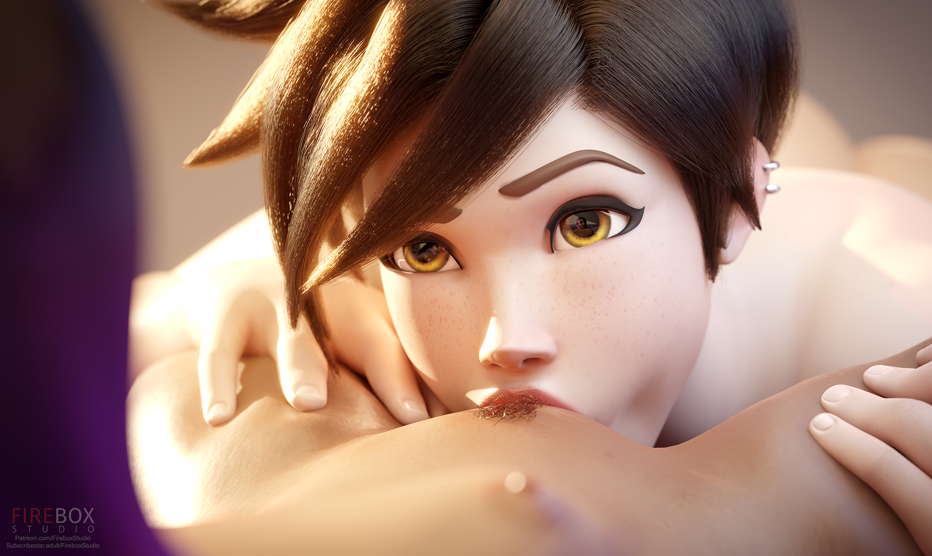 2girls, 3d, blender, breasts, brown hair, close-up, cunnilingus, dark skin, dark-skinned female, duo, female, female only, female/female, fireboxstudio, freckles, hand on head, human, latina, lena oxton, licking, licking pussy, light skin, light-skinned female, looking at partner, multiple females, multiple girls, nipples, nude, nude female, overwatch, pubic hair, purple hair, pussy, sombra, spread legs, tracer, vagina, watermark, yellow eyes, yuri