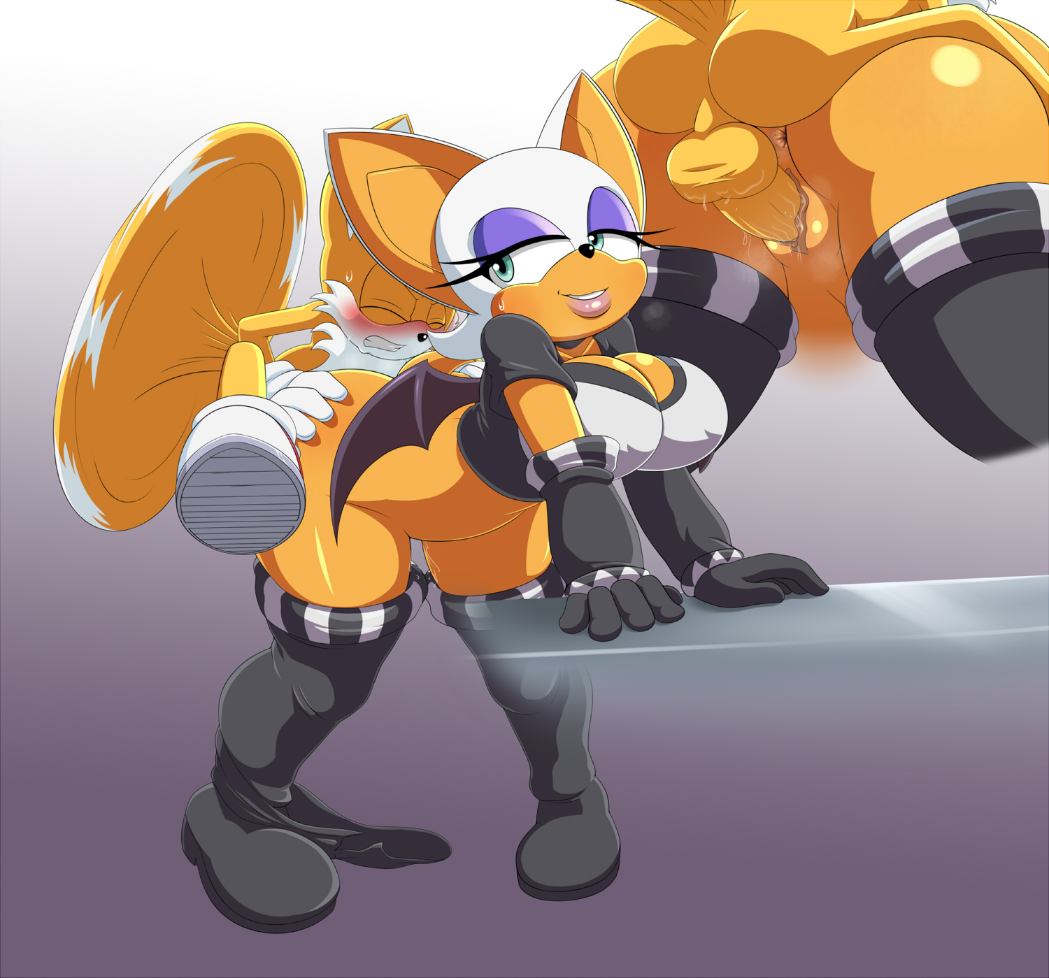 1boy, 1girls, anus, bat, blush, breasts, clenched teeth, clothing, erect nipples, erect nipples under clothes, eyeshadow, female, female penetrated, fox, from behind, fur, furry, furry only, hyoumaru, larger female, larger penetrated, male, male penetrating, male penetrating female, male/female, nipple bulge, nipples, older female, penis, pussy, rouge the bat, sex, size difference, smaller male, smile, sonic (series), straight, tail, tails, tails the fox, vaginal penetration, younger male