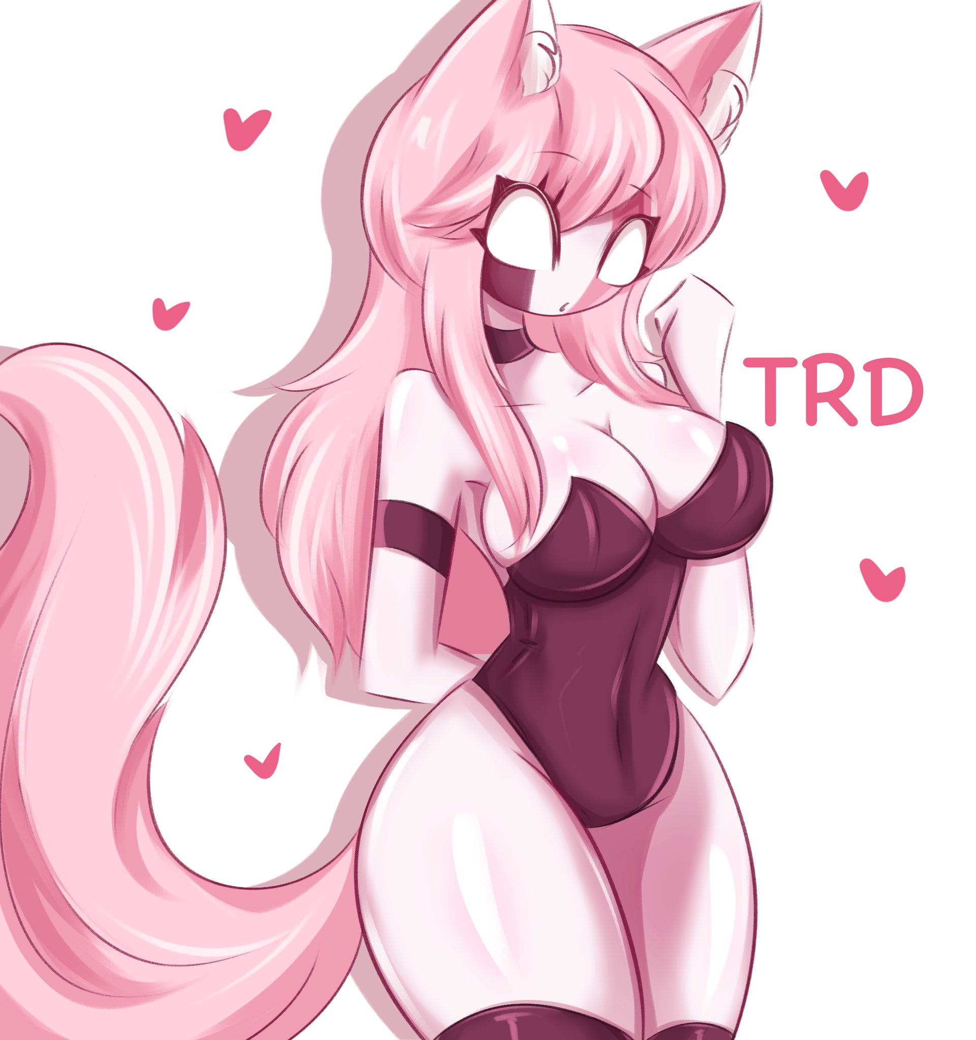 1girls, 4 fingers, 5 fingers, breasts, cleavage, elbow gloves, female, female only, friday night funkin, furry, heart symbol, large breasts, leotard, long hair, looking at viewer, mid-fight masses, no pupils, pink hair, pink skin, sarvente (dokki.doodlez), sarvente (friday night funkin), slim, thighhighs, thighs, tnd, trd-yo, two-tone hair, wink