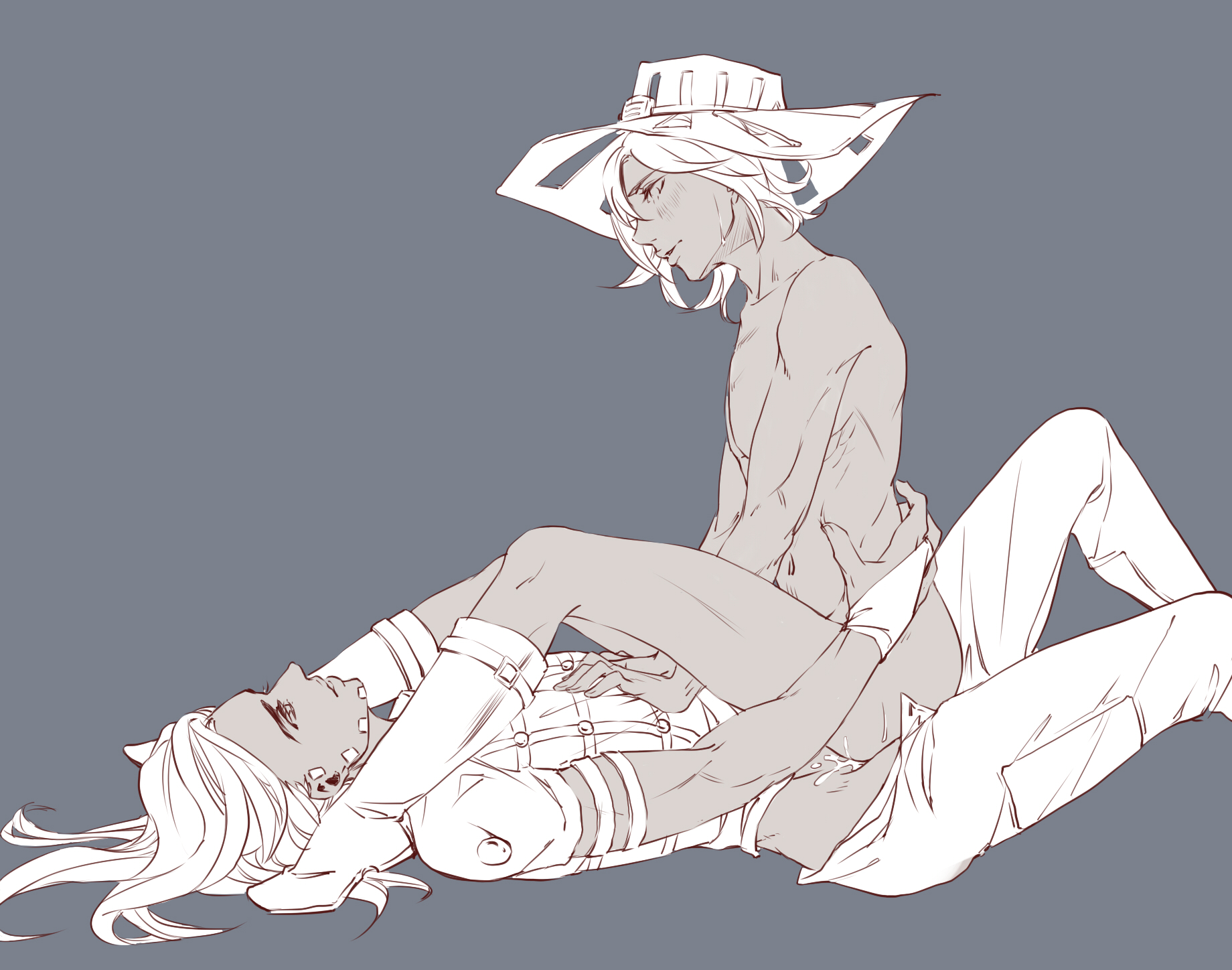 2boys, clothed sex, clothing, cowboy hat, gay, gyro zeppeli, johnny joestar, jojo's bizarre adventure, long hair, long-haired male, male, male only, male penetrated, male penetrating male, meng zi, steel ball run, yaoi