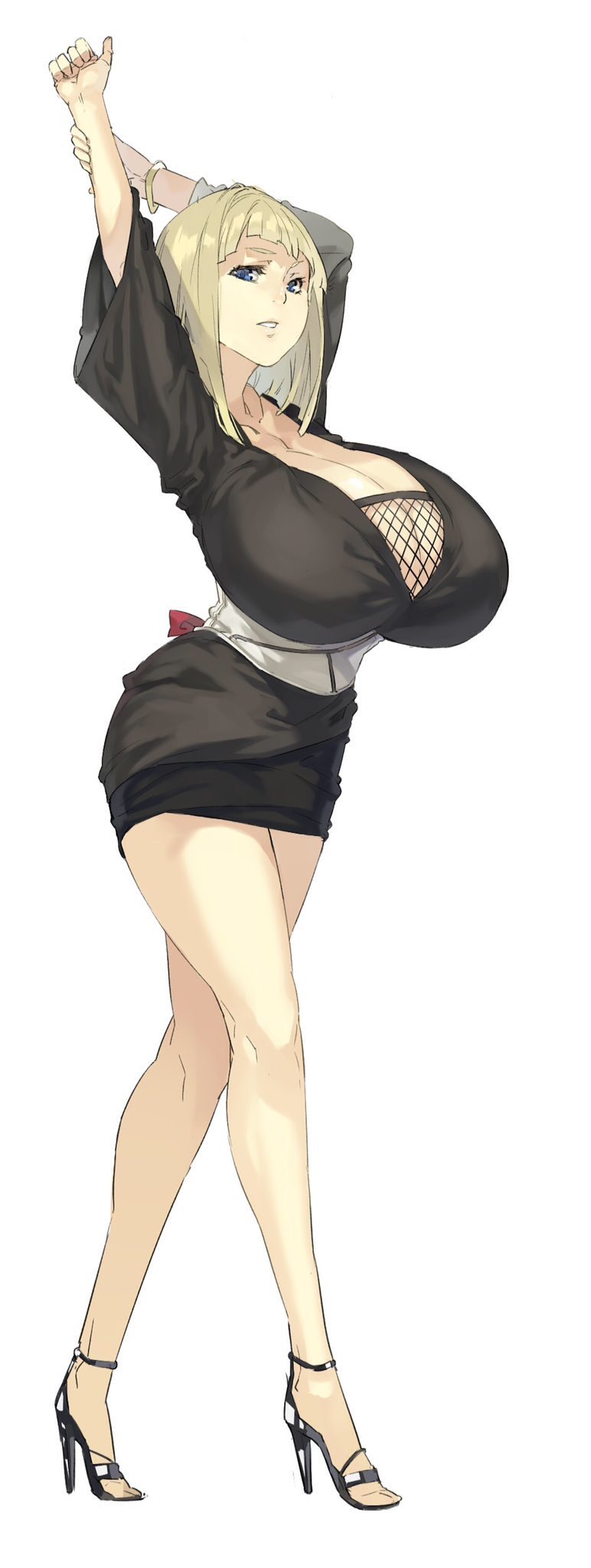 1girls, arms up, bare chest, bare legs, bare thighs, blonde hair, blue eyes, blunt bangs, bob cut, bracelet, breasts, breasts bigger than head, bust, busty, cleavage, dress, female, fishnet top, fishnets, full body, gigantic breasts, heels, high heels, highres, hourglass figure, huge breasts, jewelry, large breasts, legs, long hair, looking at viewer, mature, mature female, naruto, naruto (series), naruto shippuden, no bra, oppai, parted lips, samui, shoulder length hair, simple background, solo, solo female, solo focus, standing, stretch, stretching, thighs, top heavy, voluptuous, walking, white background
