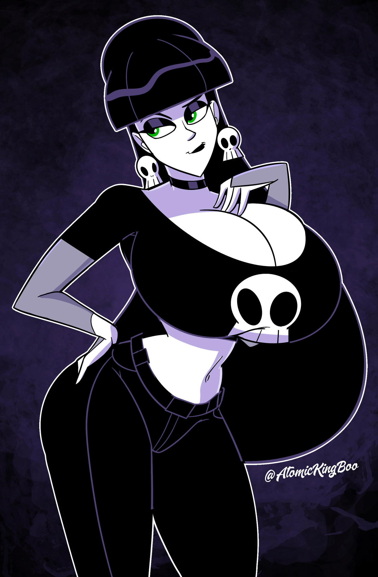 1girls, artist name, atomickingboo, black hair, black lipstick, breasts, bust, busty, curvaceous, curvy, curvy figure, eyes, female, female focus, goth, goth girl, green eyes, hair, hourglass figure, legs, light skin, light-skinned female, lindel dollice quilten, lips, lipstick, long hair, oc, original, original character, pale skin, pale-skinned female, solo, the besties (atomickingboo), thick legs, thick thighs, thighs, top heavy, upper body, voluptuous