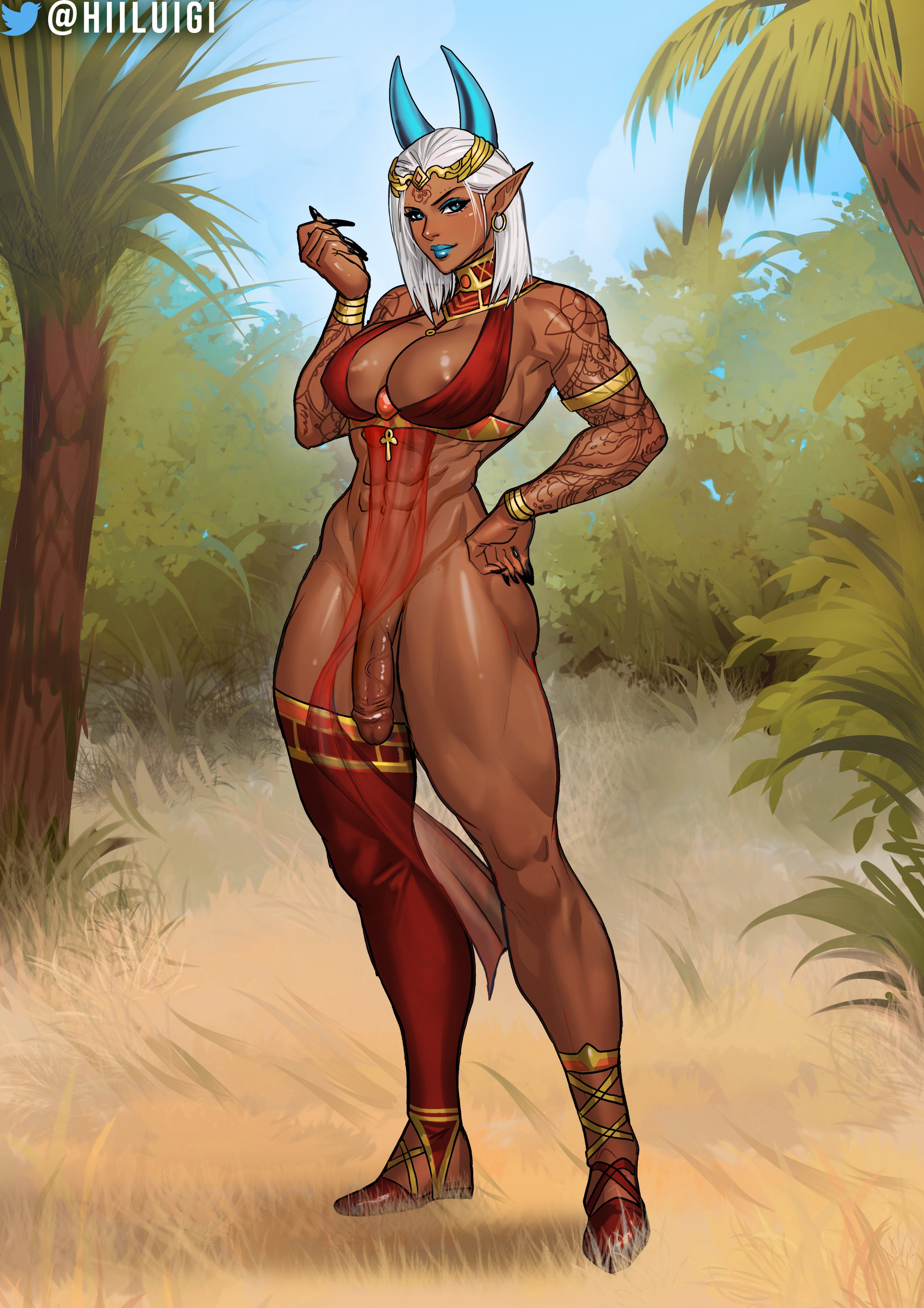 1futa, areolae, balls, big breasts, big penis, breasts, clothed, clothing, dark skin, dark-skinned futa, detailed background, elf, full body, futa only, futanari, hiiluigi, humanoid, humanoid penis, intersex, mostly nude, muscular, muscular futa, nipples, outdoors, outside, penis, solo, solo futa, standing, white hair