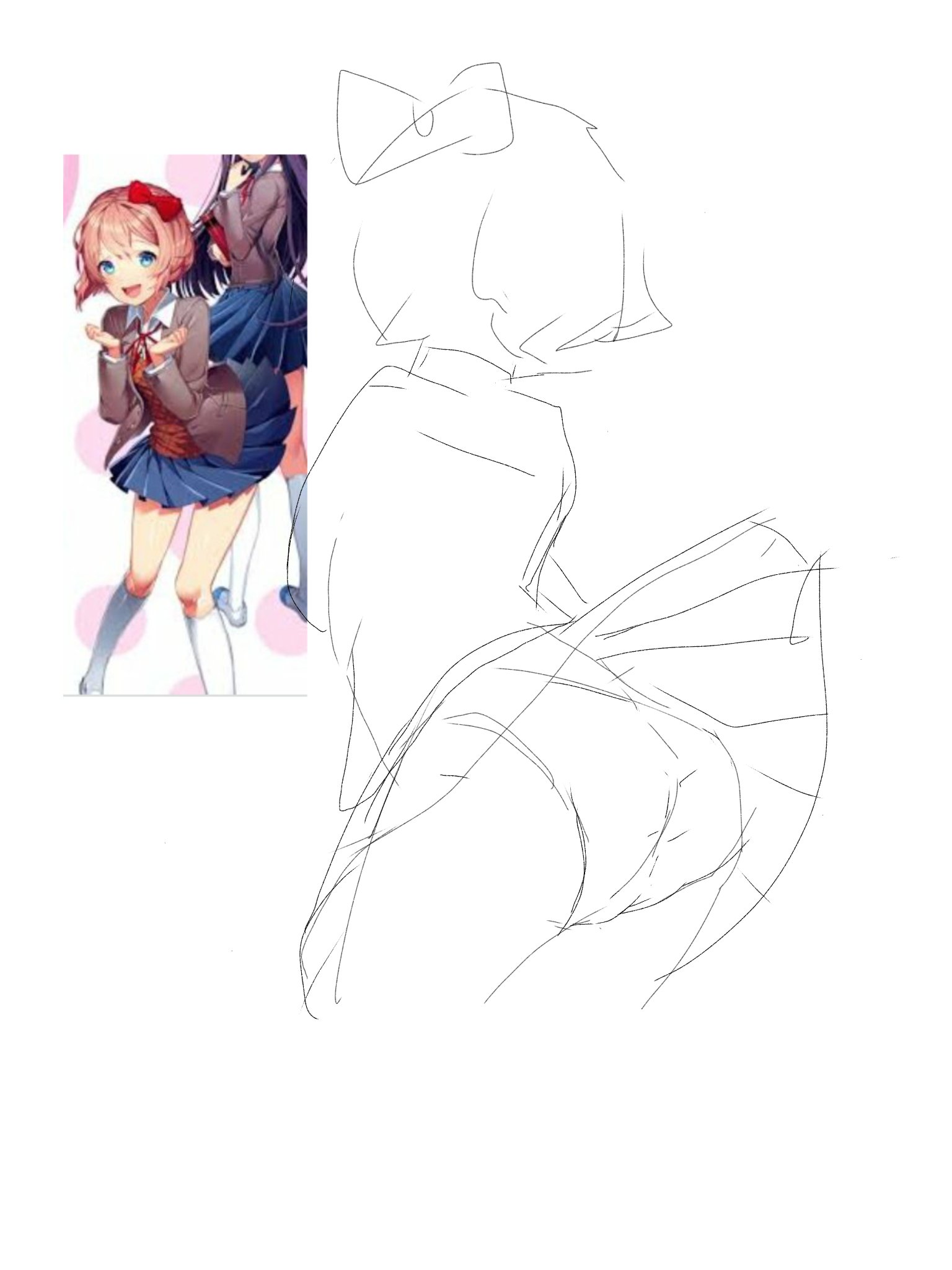 bow, doki doki literature club, female, hairbow, happy, lury chr, panchira, panchira (standing), panties, pantyshot, pantyshot (standing), reference image, sayori (doki doki literature club), simple background, sketch, skirt, skirt up, smiling, suishi chr (artist), white background