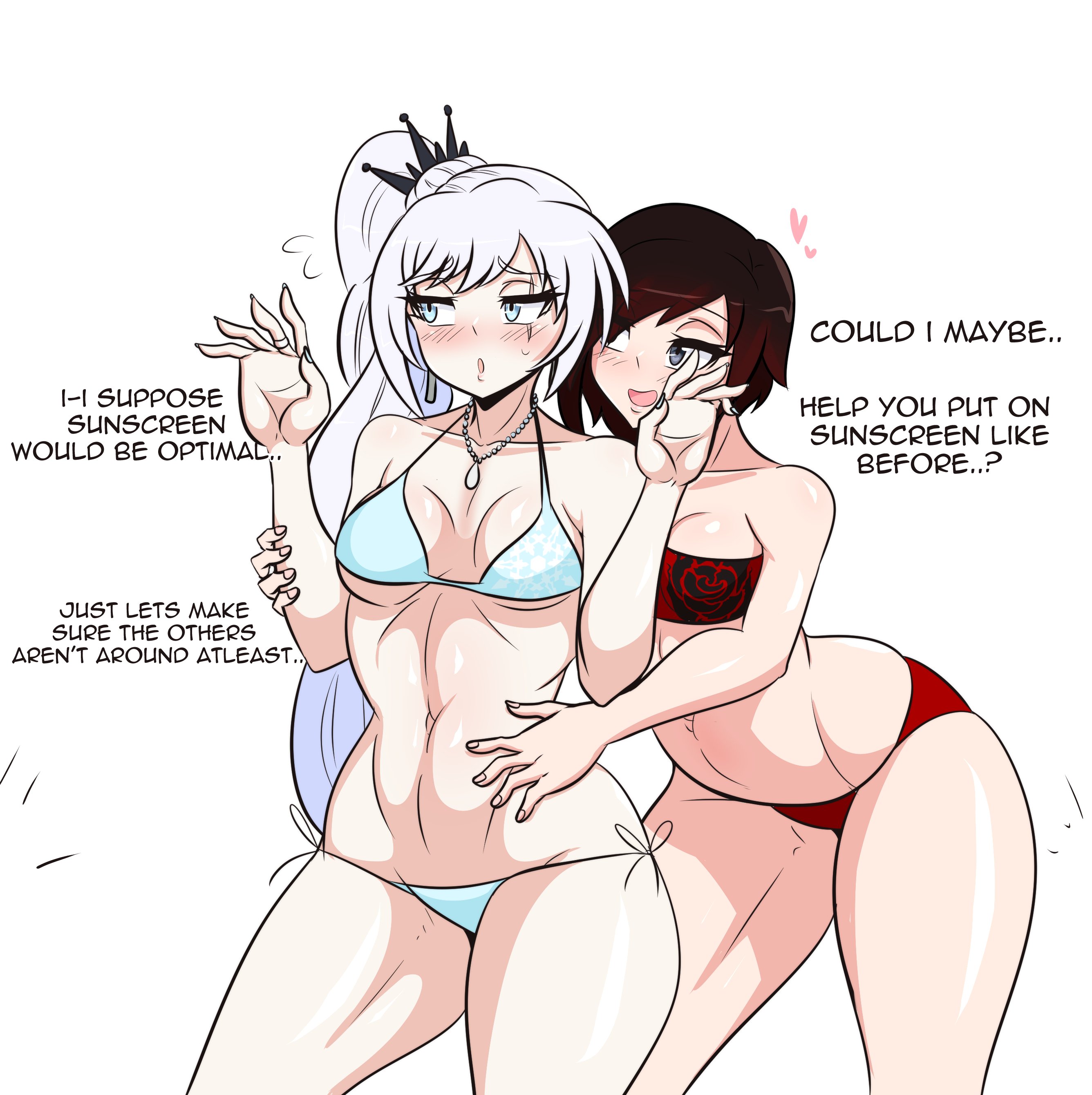 2girls, bikini, blue eyes, female, female only, imminent sex, kinathefox, lesbian sex, red hair, ruby rose, rwby, silver eyes, swimsuit, weiss schnee, white hair, yuri