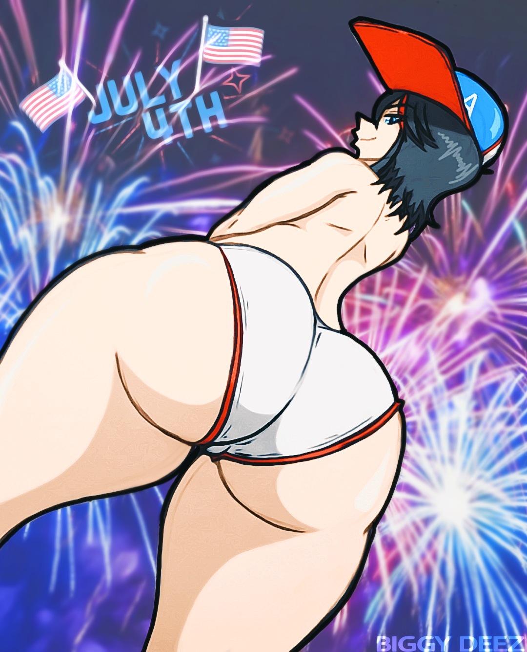 1girls, 4th of july, american flag, ass, big ass, biggy deez, bottom heavy, bubble ass, bubble butt, fat ass, female, female only, fireworks, hat, huge ass, kill la kill, looking at viewer, looking back, matoi ryuuko, panties, signature, smile, solo, solo female, text, thick thighs, wide hips
