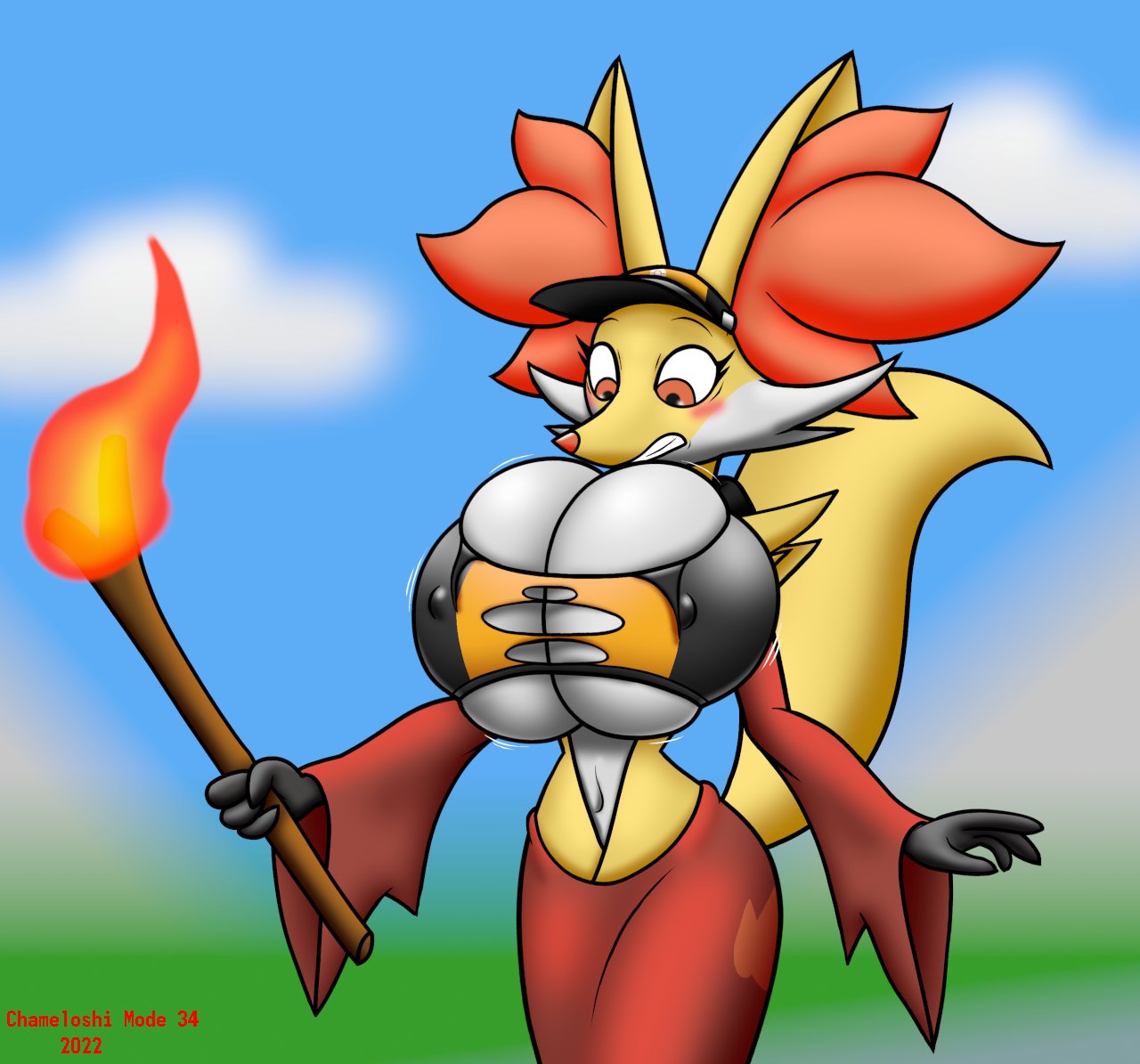 big_breasts breast_expansion breasts chameloshi delphox female furry orange_unite_style_delphox pokémon_(species) pokemon pokemon_unite tagme