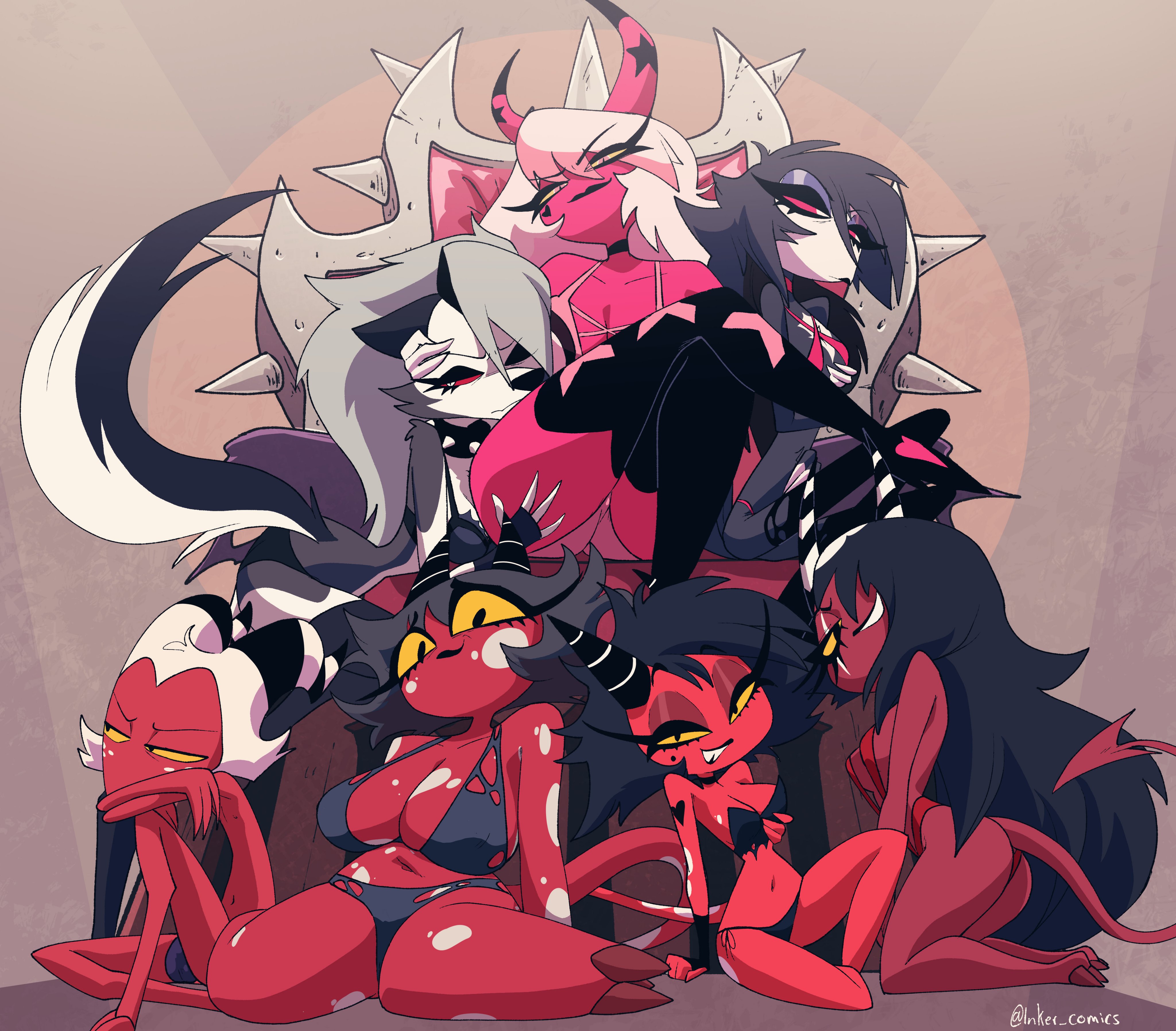 1boy, 6+girls, 6girls, age difference, anthro, avian, avian demon, avian humanoid, big breasts, bikini, bird, bird humanoid, black hair, breasts, canid, canid demon, canine, canine humanoid, crossed legs, daughter, demon, demon boy, demon girl, demon horns, demon tail, eyelashes, female, freckles, hair over one eye, harem, hellhound, helluva boss, high heel boots, horns, imp, inker comics, inkershike, lin (helluva boss), long hair, looking at viewer, loona (helluva boss), male, mature female, medium breasts, micro bikini, milf, millie (helluva boss), mole, mole under eye, mother, mother and daughter, moxxie (helluva boss), multiple females, multiple girls, octavia (helluva boss), pink eyes, pink sclera, red sclera, red skin, sallie may (helluva boss), sitting, skinny, sling bikini, small breasts, solo male, succubus, tail, teenager, thick thighs, thin female, throne, verosika mayday (helluva boss), vivienne medrano, voluptuous, white eyes, white hair, wide hips, yellow sclera, young, younger female