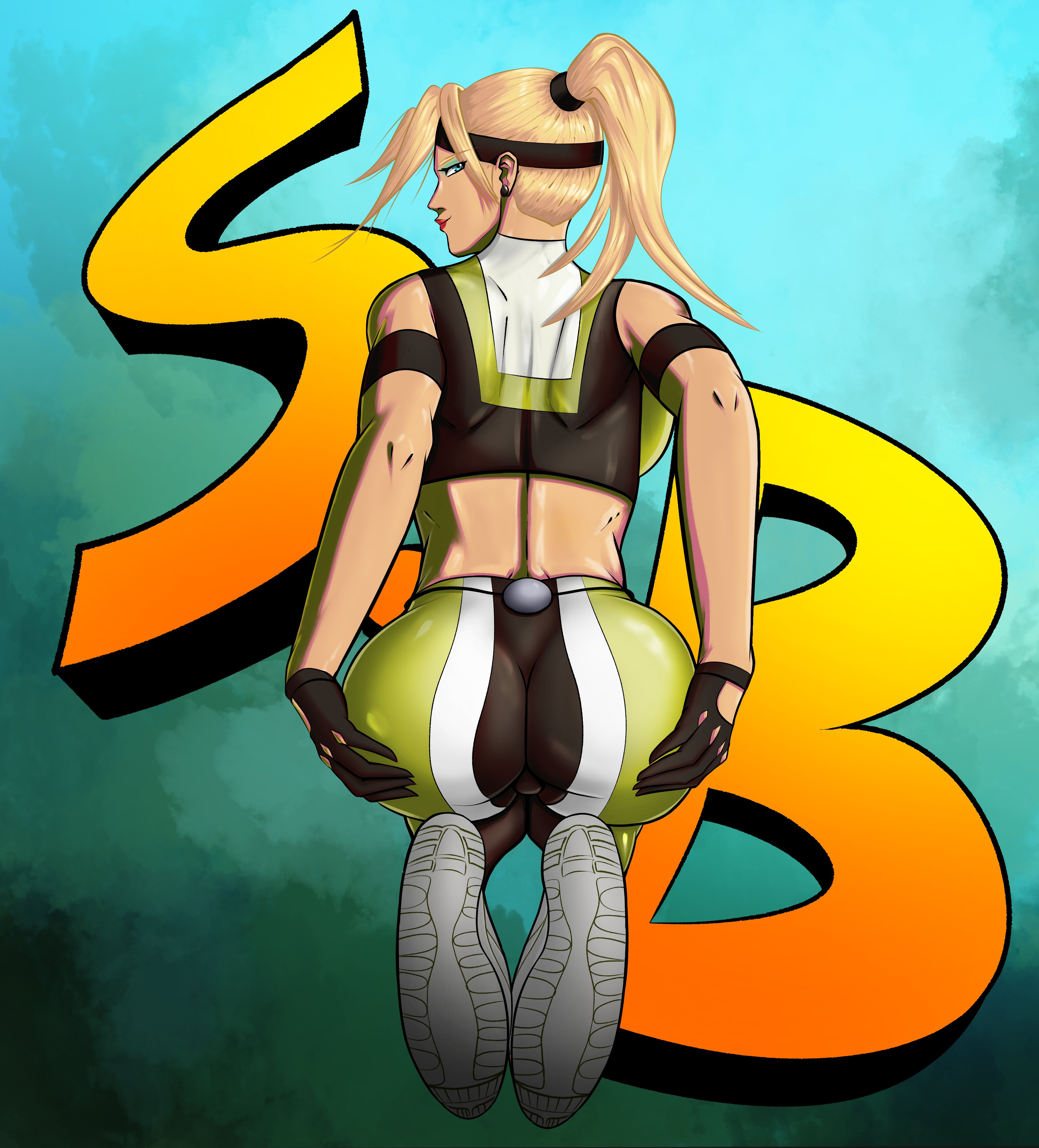 1girls, 2d, armband, ass, athletic, athletic female, athletic wear, big ass, blonde hair, crop top, female, fit, fit female, fitness, gym clothes, headband, mortal kombat, ponytail, round ass, round butt, showing ass, showing off, sonya blade, tight clothing, vante light, workout clothes