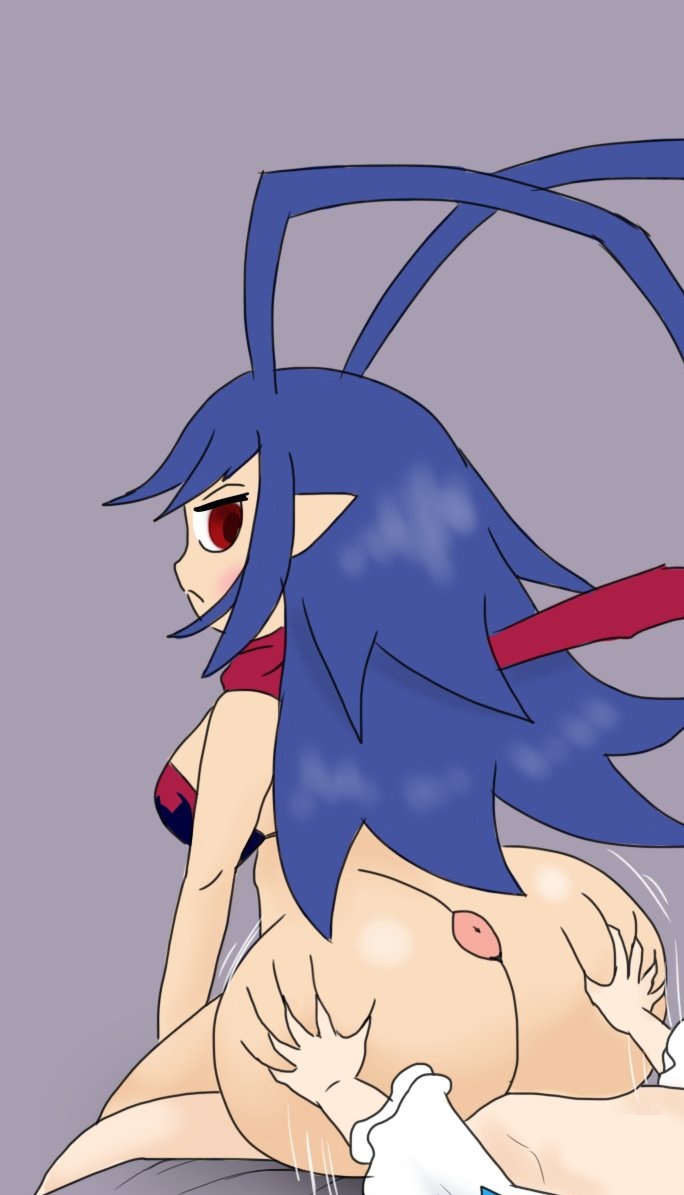 1boy 1girls ass ass_grab assjob big_ass big_breasts big_butt blue_hair blush buttjob covered_buttjob disgaea disgaea_d2 elf_ears female godalmite hands_on_ass huge_ass huge_butt laharl laharl-chan long_hair looking_back male male/female nippon_ichi_software penis pointy_ears red_eyes sicily source_request tagme